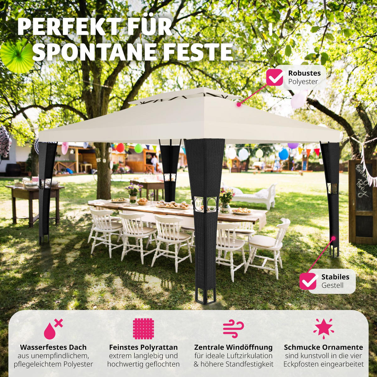 RATTAN GARTENPAVILLON Mona,inklusive Heringen,schwarz/creme - Creme/Schwarz, Kunststoff (300/265/400cm) - tectake