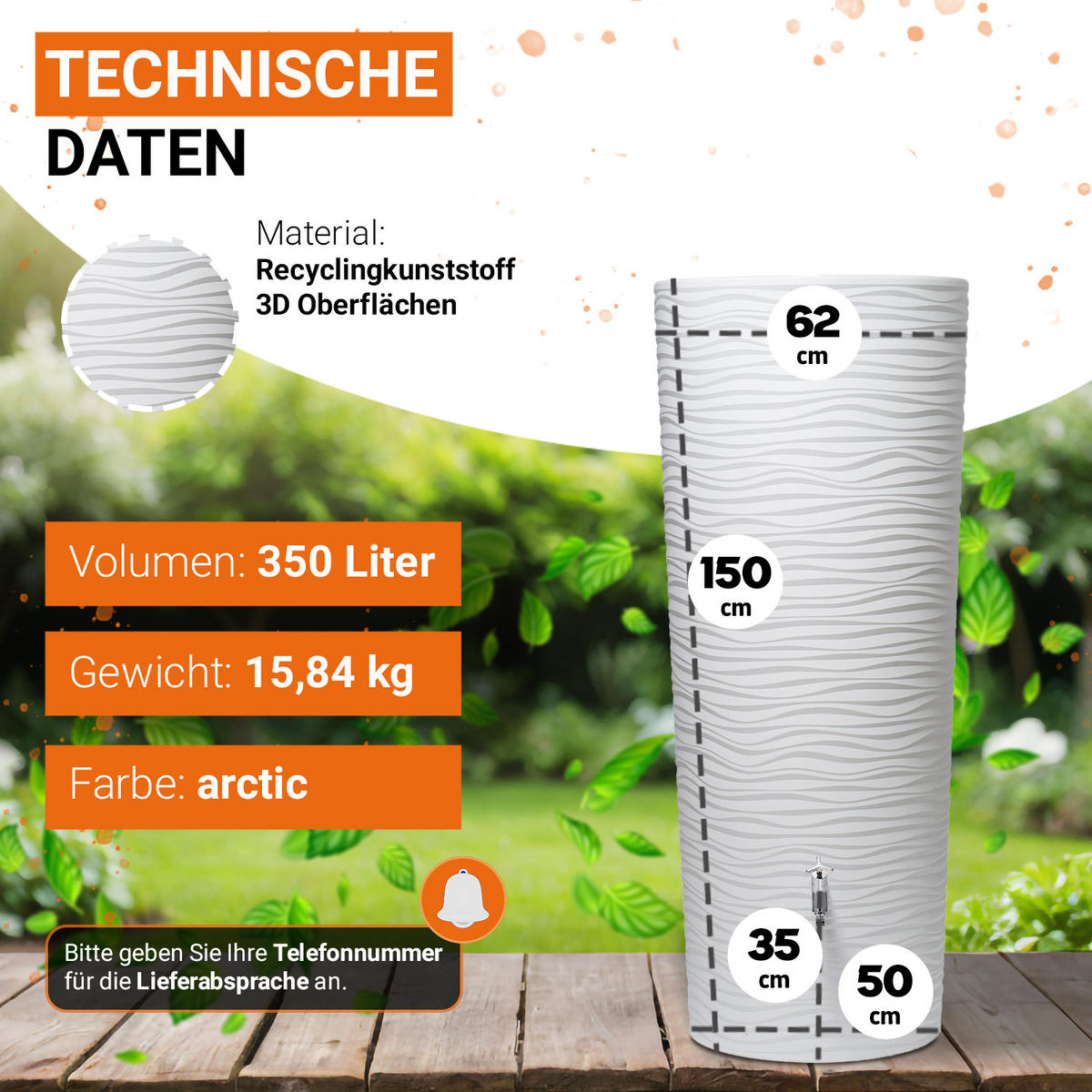 2IN1 Regentonnen Komplett-Set 350 L arctic inkl. Design Chrom-Auslaufhahn und Fallrohranschluss - Weiß, Kunststoff (62/150/80cm) - GARANTIA