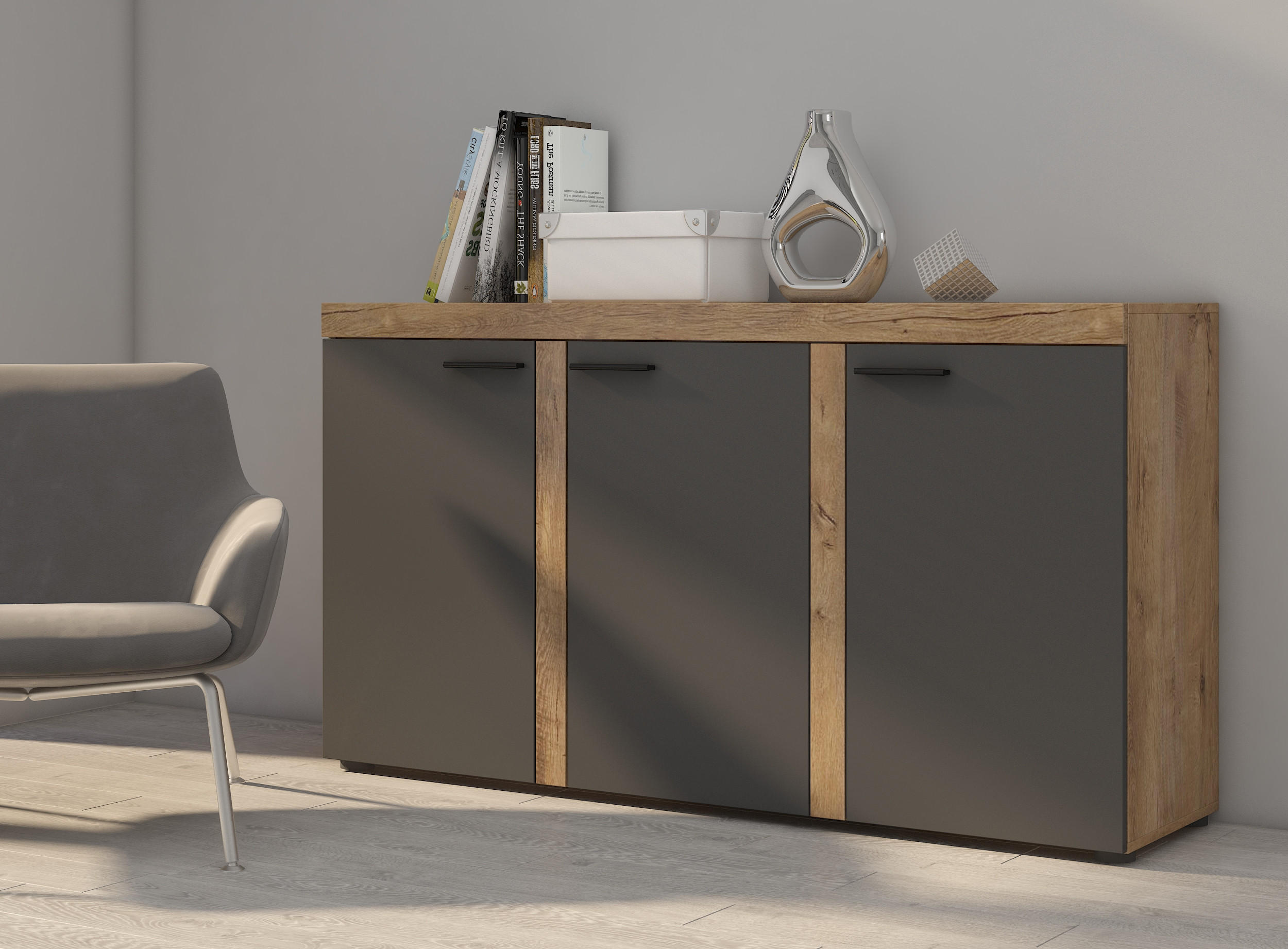 SIDEBOARD OKTAWIA 3F - Dunkelbraun/Graphitfarben, Holzwerkstoff (149/82/40cm) - Meblini