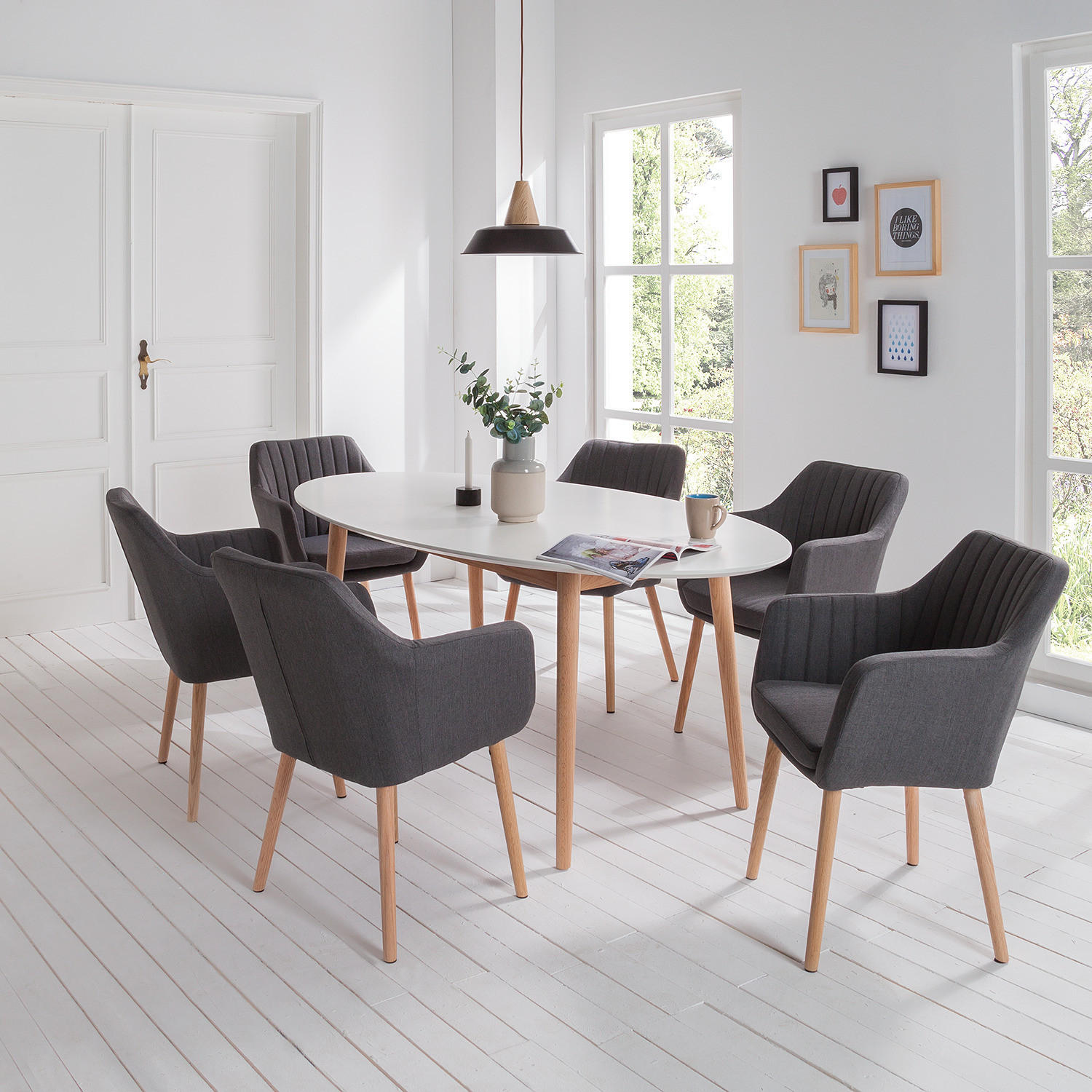 ARMLEHNENSTUHL - Webstoff / Eiche massiv - Dunkelgrau, Textil (58/84/60cm) - home24