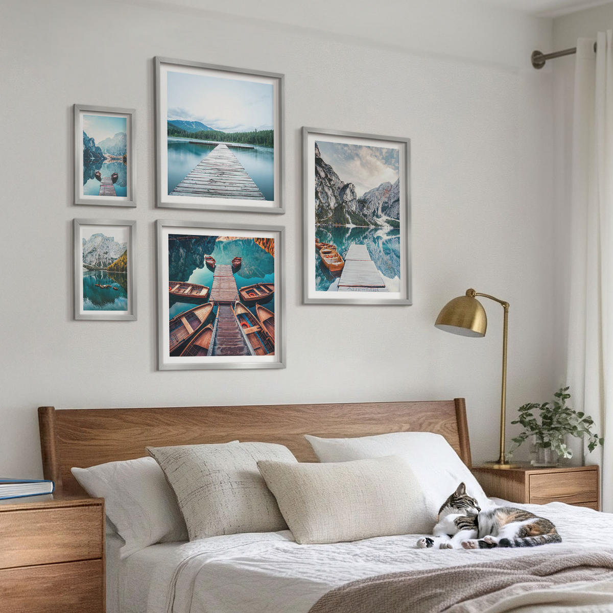 BILDER SET 5er Set - 50x50 cm & 20x30 cm & 40x60 cm Silberner Rahmen - Holzstege am See, Boote - Silberfarben, Kunststoff (40/60cm) - TULUP