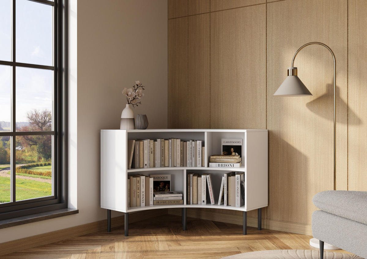 BÜCHERREGAL Horn, Weiß, Bogenform, 4 Fächern, 100 cm - Schwarz/Weiß, Holzwerkstoff/Metall (100.2/85.4/32cm) - Skandica