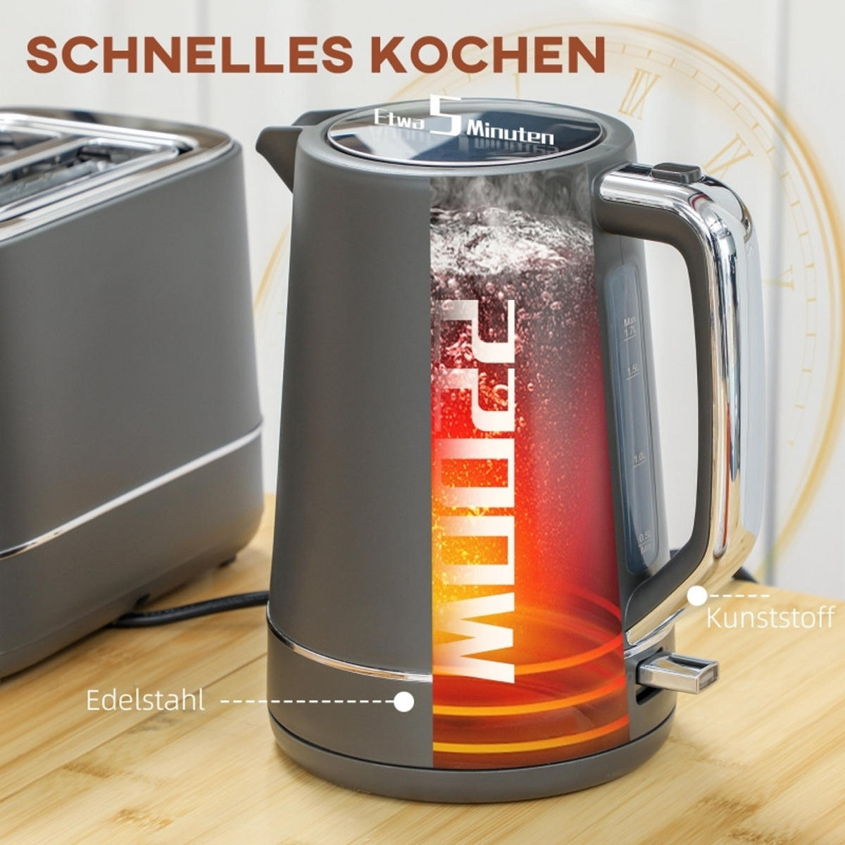 WASSERKOCHER-TOASTER SET, 1,7 L Kapazität, 6 Bräunungsstufen, Grau - Grau, Kunststoff (16/24.3/21.2cm) - Rolipo