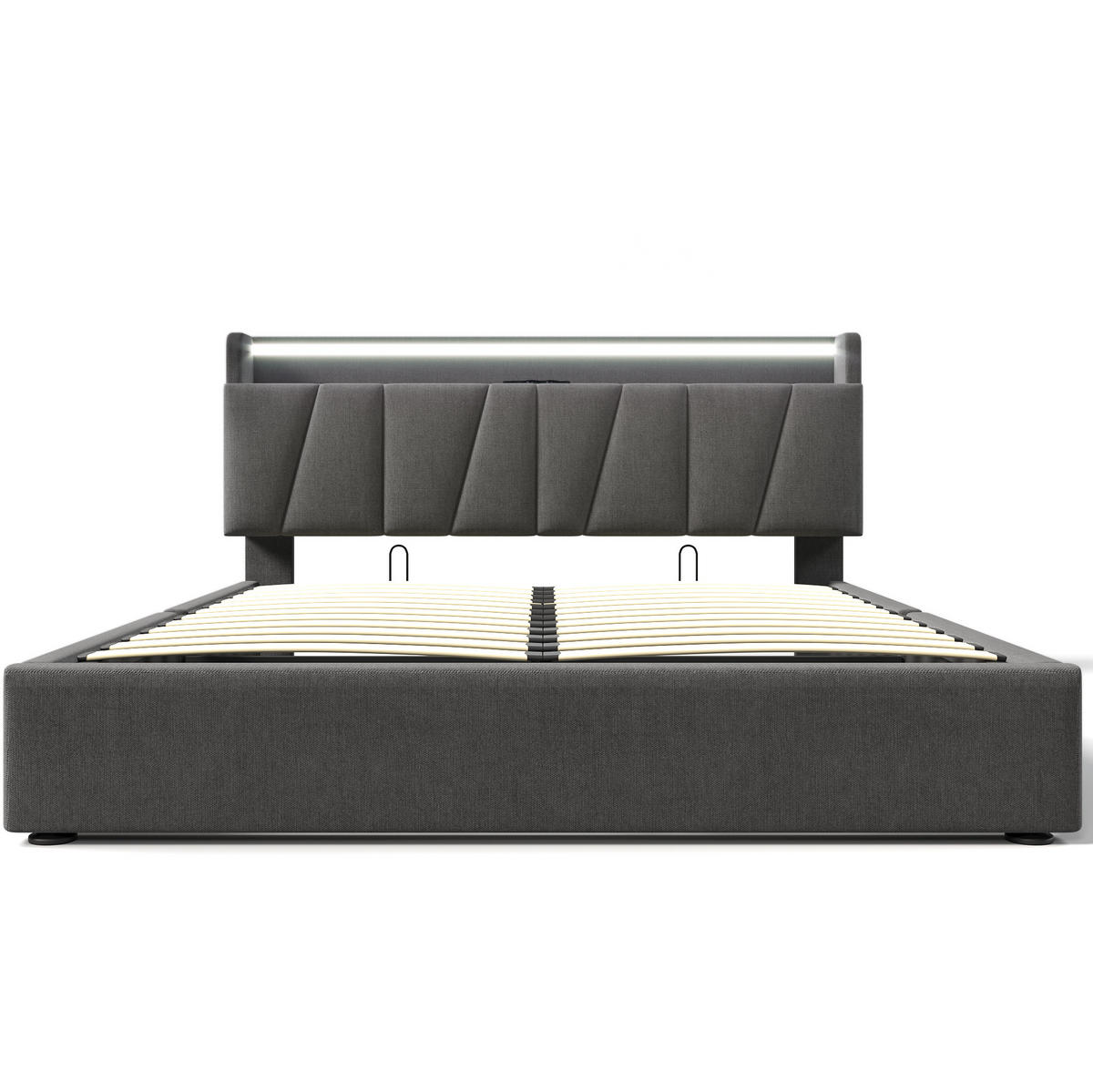 POLSTERBETT 140/190 cm mit LED, USB, Steckdosen, Stauraum-Kopfteil und Bettkasten, Leinen, Grau - Grau, Textil (140/190cm) - Redom