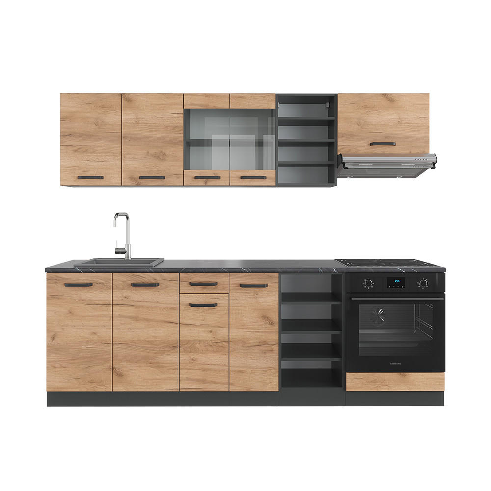 KÜCHENZEILE R-Line Goldkraft Eiche/Anthrazit 240 cm, AP Anthrazit - Honigeiche/Anthrazit, Holzwerkstoff (240/81.6/60cm) - Vicco