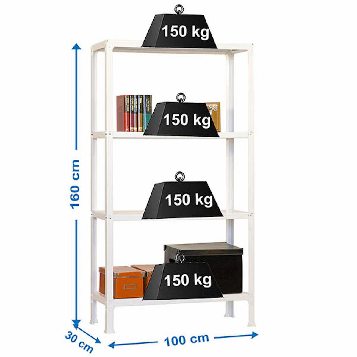 WOHNREGAL LIVING KOALA METAL mit 4 Fachböden | HxBxT 160x100x30cm | Fachlast 150kg | Weiß/Weiß - Weiß, Metall (100/160/30cm) - PROREGAL