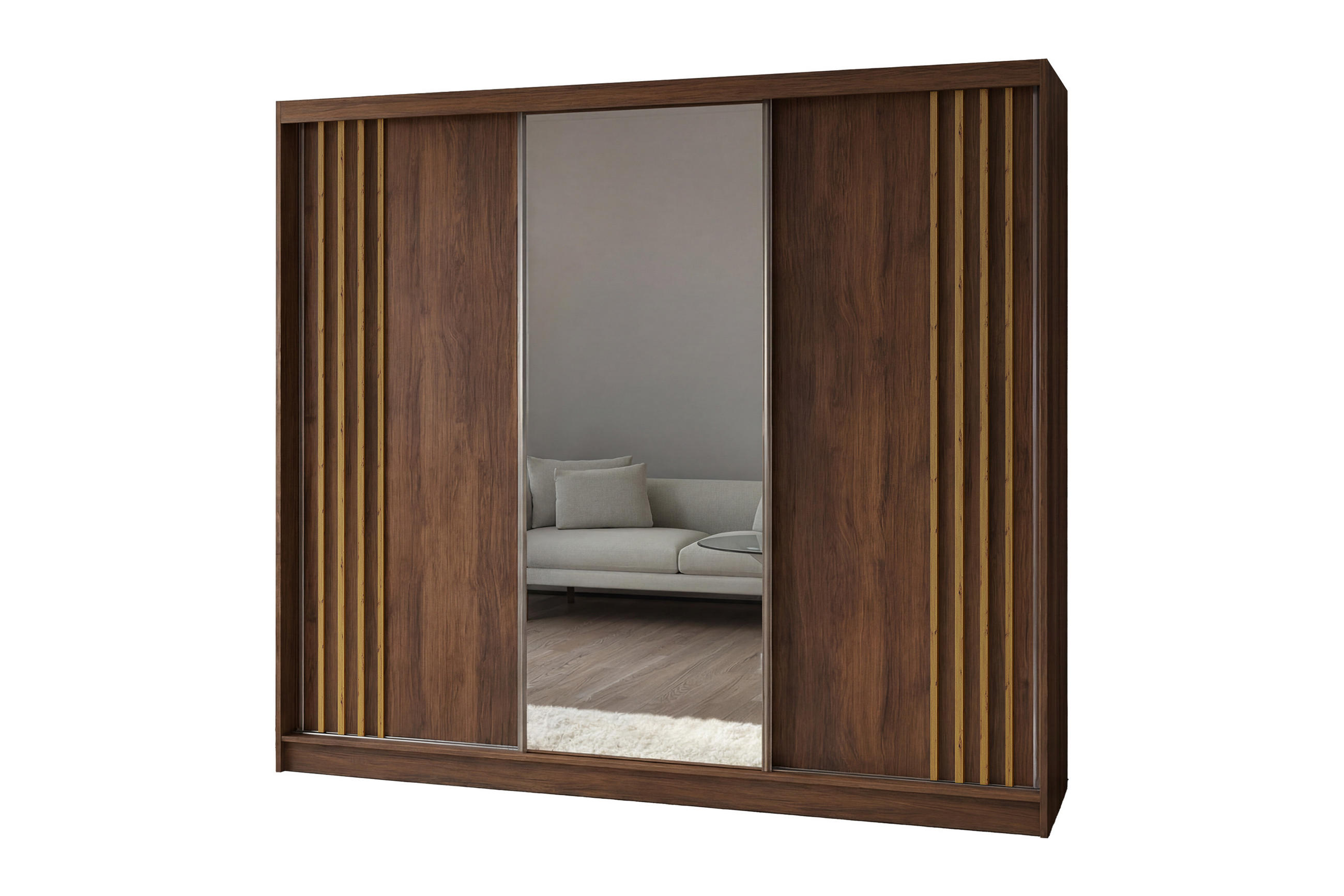 SCHWEBETÜRENSCHRANK Neli 240 cm mit Lamellen und Spiegel 3-türig, Nuss Warmia, Lamelle artisan - Dunkelbraun/Eiche Artisan, Kunststoff (240/216/61cm) - Margaret Hadas24