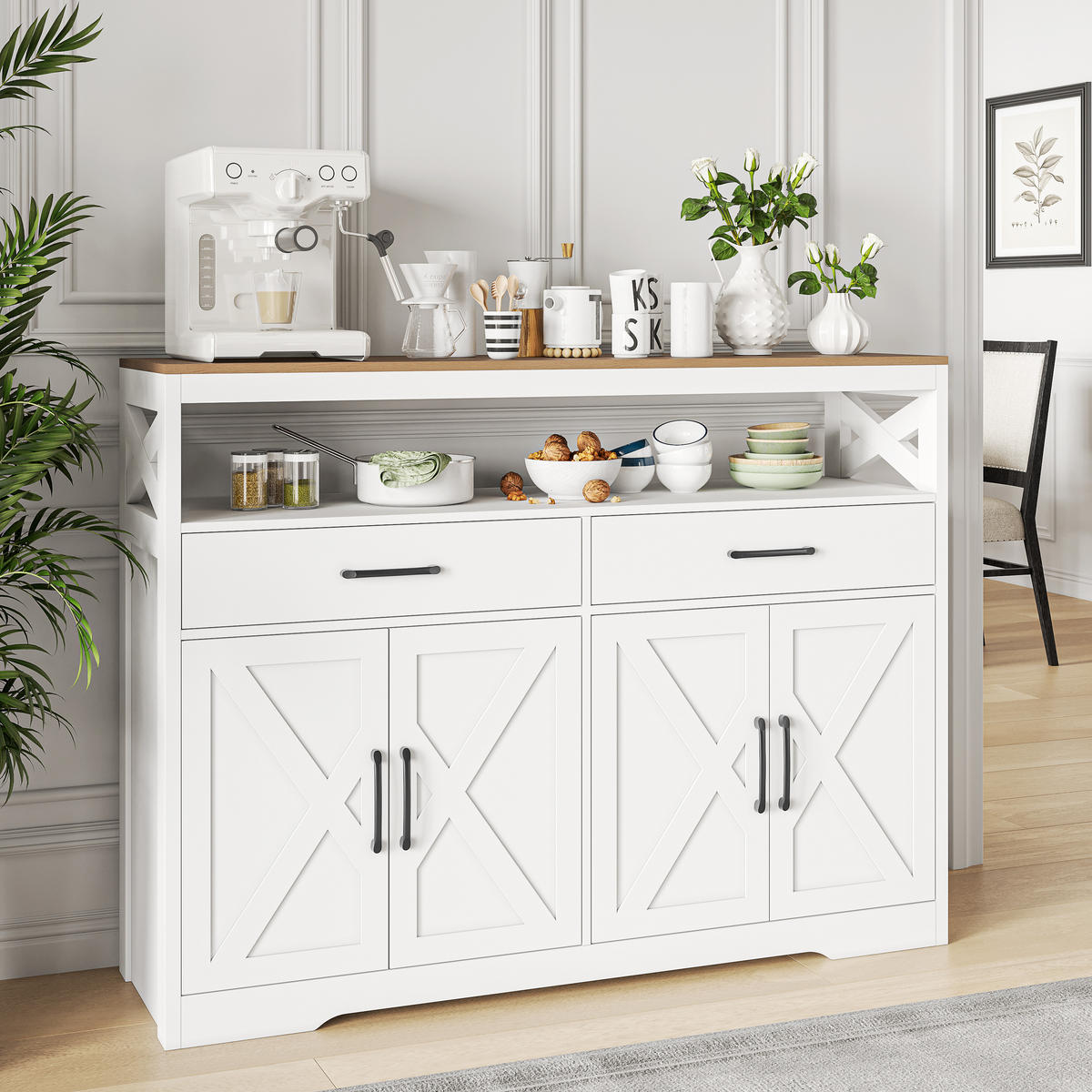 SIDEBOARD weiß holz 2 schubladen 2 türen offene regale - Weiß, Holzwerkstoff (40/105/140cm) - SHOPENTRA