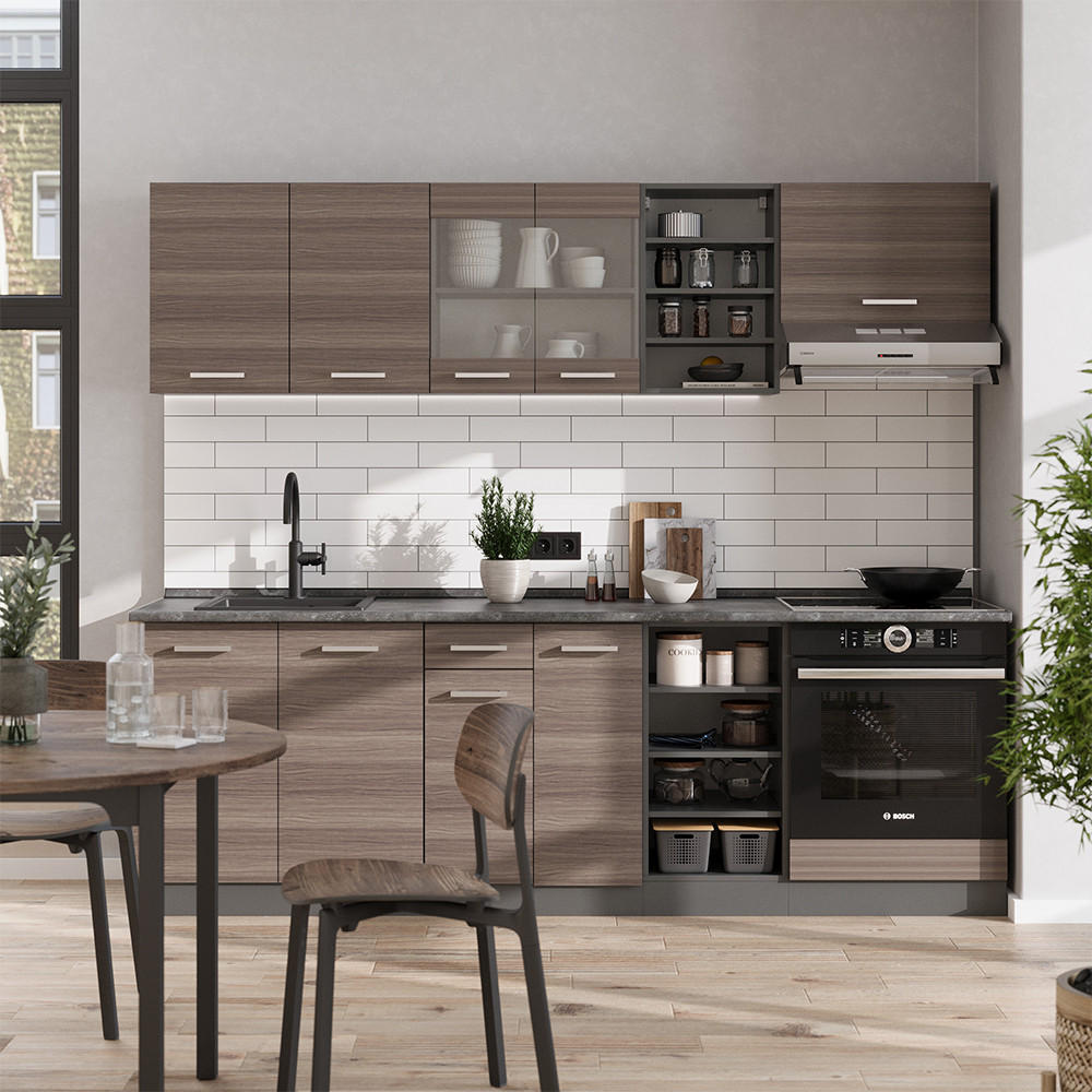 KÜCHENZEILE R-Line Edelgrau/Anthrazit 240 cm , AP Marmor - Anthrazit/Braun, Holzwerkstoff (240/81.6/60cm) - Vicco
