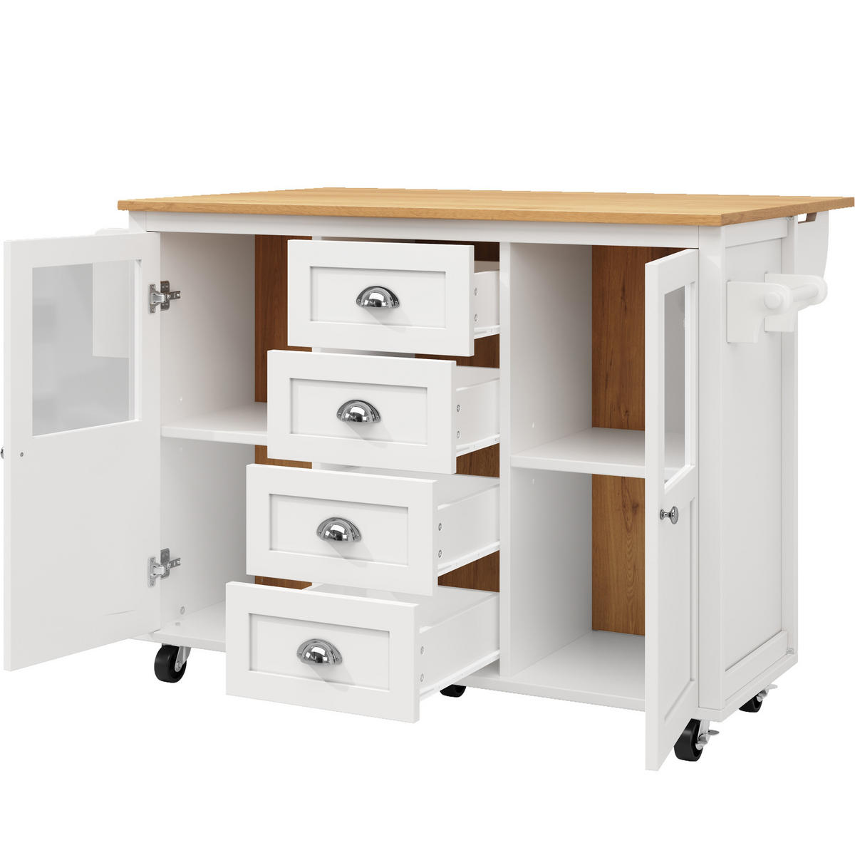 KÜCHENINSEL 137,9/73/92,5 cm mit Klapptisch, Rollen und 4 Schubladen, Weiß - Weiß, Holzwerkstoff (137.9/92.5/73cm) - Redom