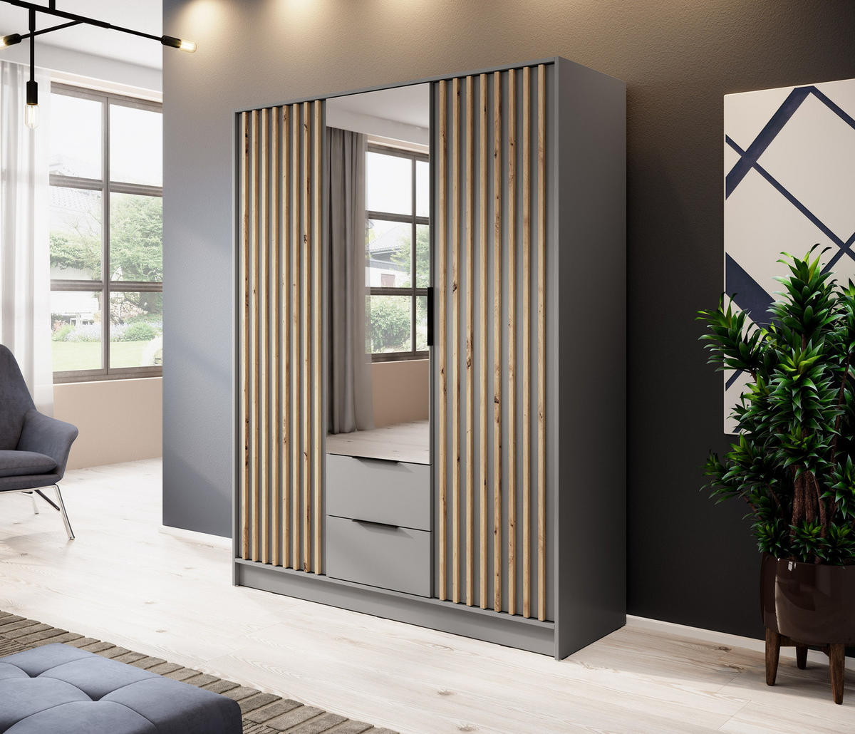 SCHRANK mit Spiegel 150 cm Fioro - 3 Türen, Lamellen, Schubladen, Grau - Grau, Holz (155/200/51cm) - Emporius