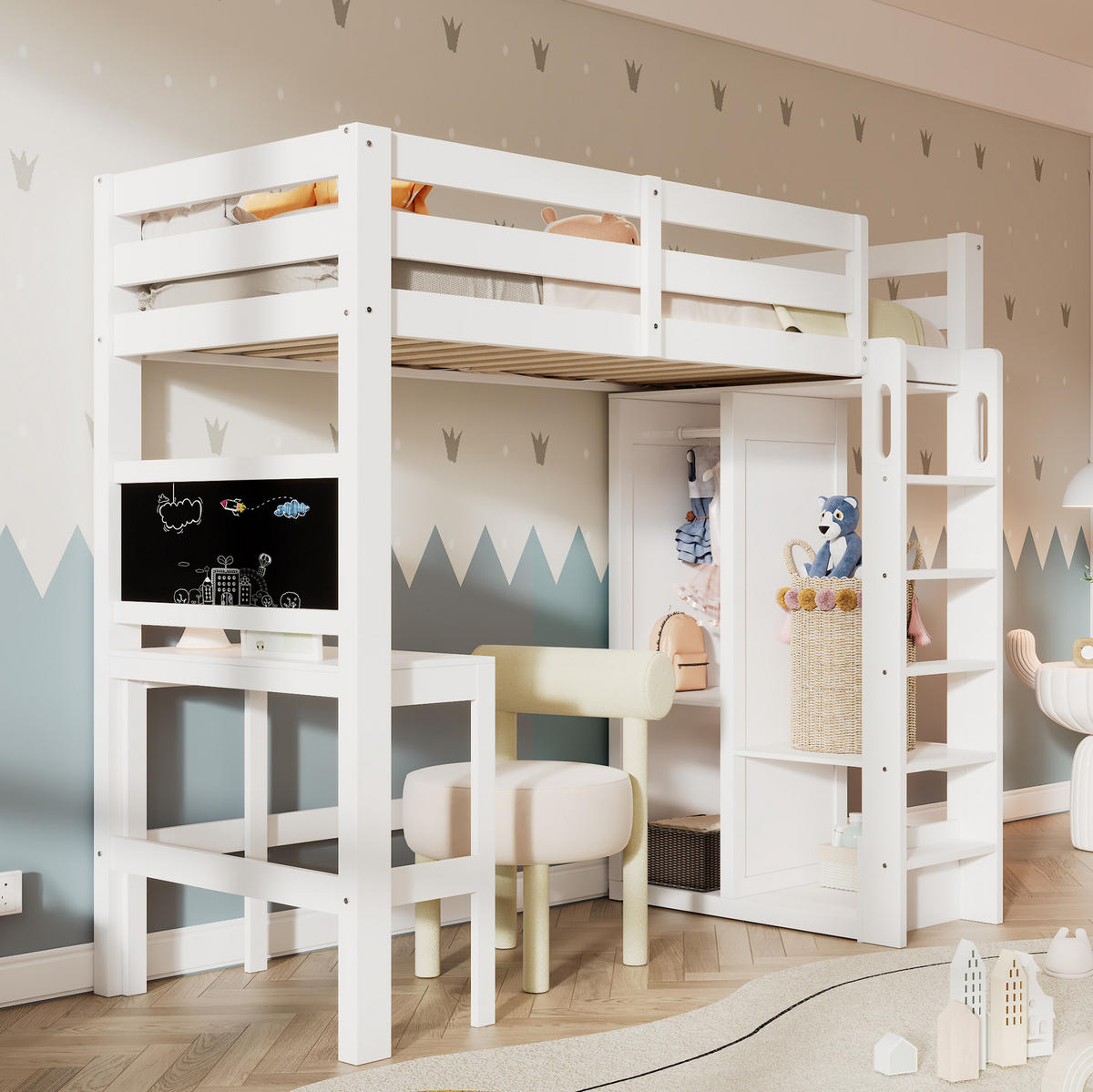 HOCHBETT 90/200 cm in Weiß mit Schreibtisch, Kreidetafel und offenem Kleiderschrank - Weiß, Holzwerkstoff (90/200cm) - Flora Grace
