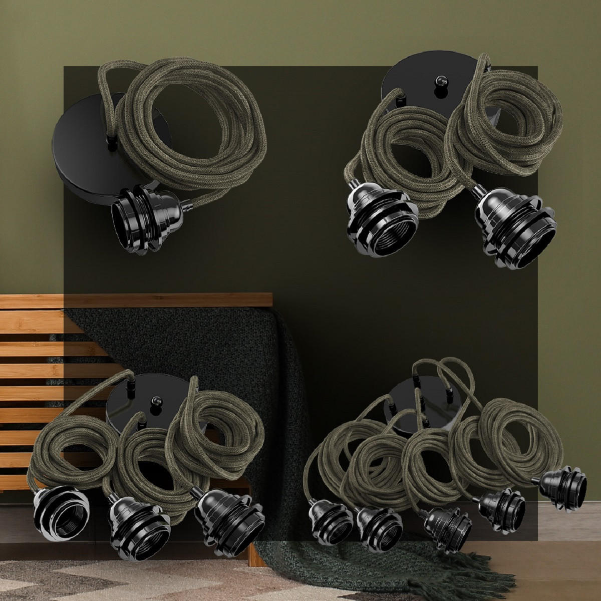 PENDELLEUCHTE Hang 5 Flammig Retro - Grün, Naturmaterialien (350/1/350cm) - HOOPZI