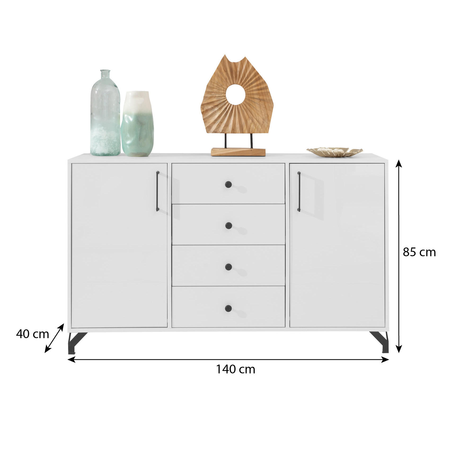 KOMMODE Bergo mit 2 Türen und 4 Schubladen - Schwarz/Weiß, Holzwerkstoff/Metall (140/85/40cm) - Beautysofa