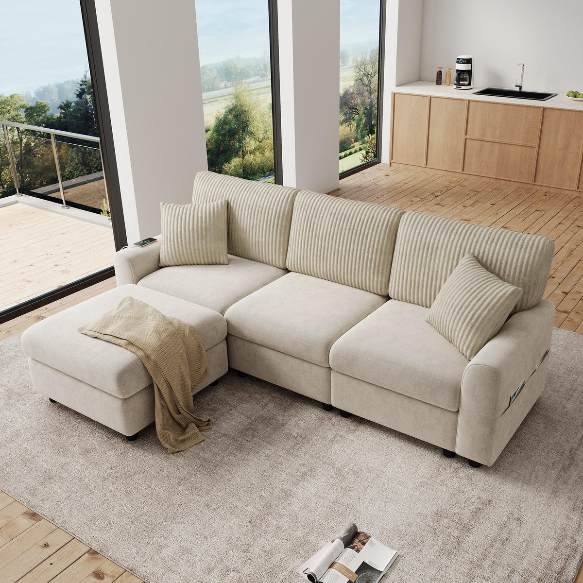ECKSOFA 223/146/84 cm Beige mit 1 Fußhocker, 2 quadratischen Kissen, 1 USB-Anschluss und 1 Type-C-Anschluss - Beige, Textil (146/84/223cm) - Oxeza