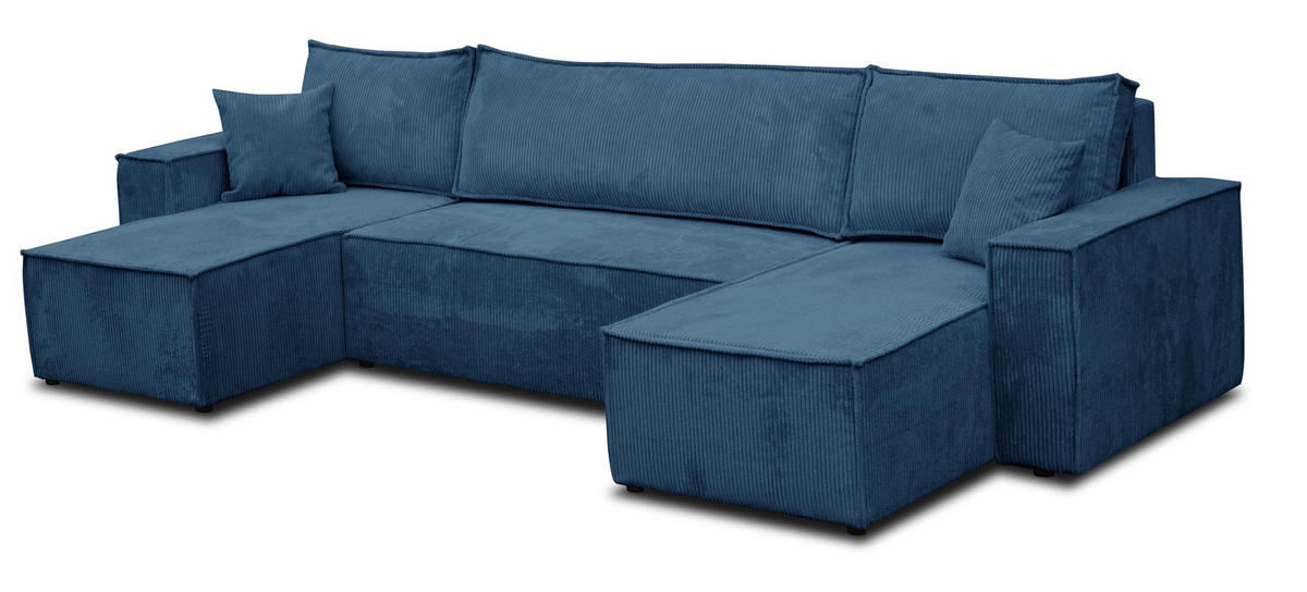 WOHNLANDSCHAFT Hugo U-Form Cordstoff mit Schlaffunktion und Bettkasten - Dunkelblau, Textil (312/83/142cm) - VENASI MÖBEL