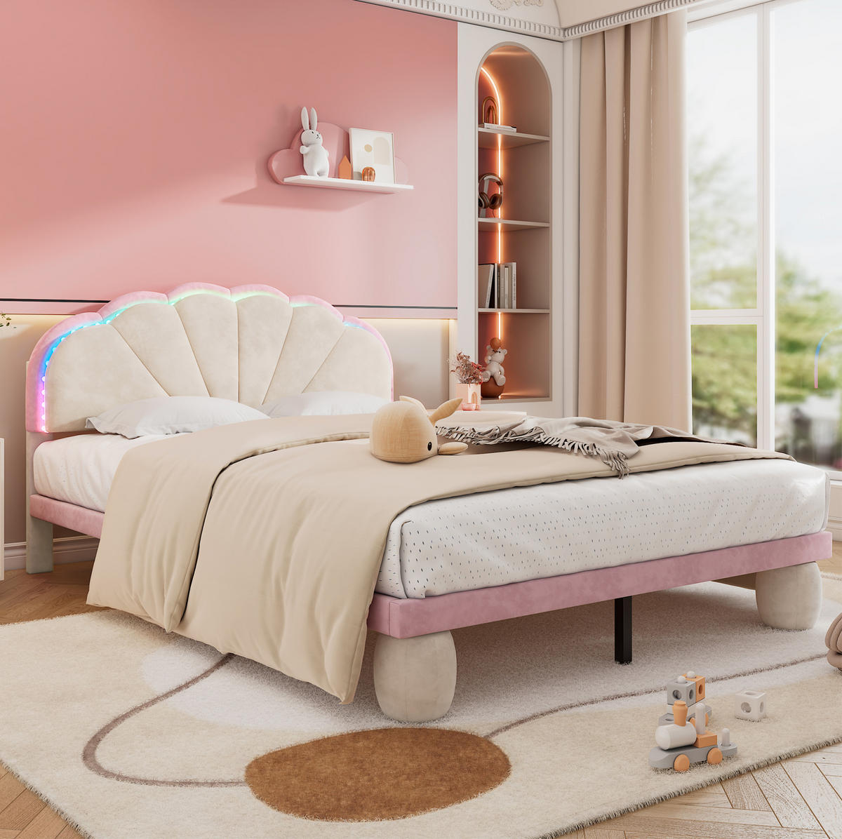 POLSTERBETT aus Samt 140x200 cm Beige-Rosa mit mehrfarbigen Lichtstreifen - Beige, Textil (140/200cm) - IVMEU