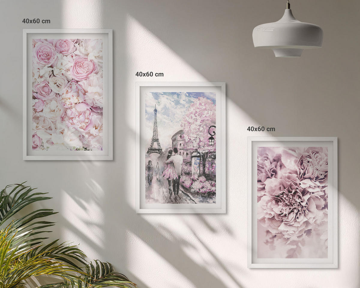 BILDER SET 3er Set - 40x60 cm Weißer Rahmen - Blumenlandschaft in Rosatönen - Weiß, Kunststoff (40/60cm) - TULUP