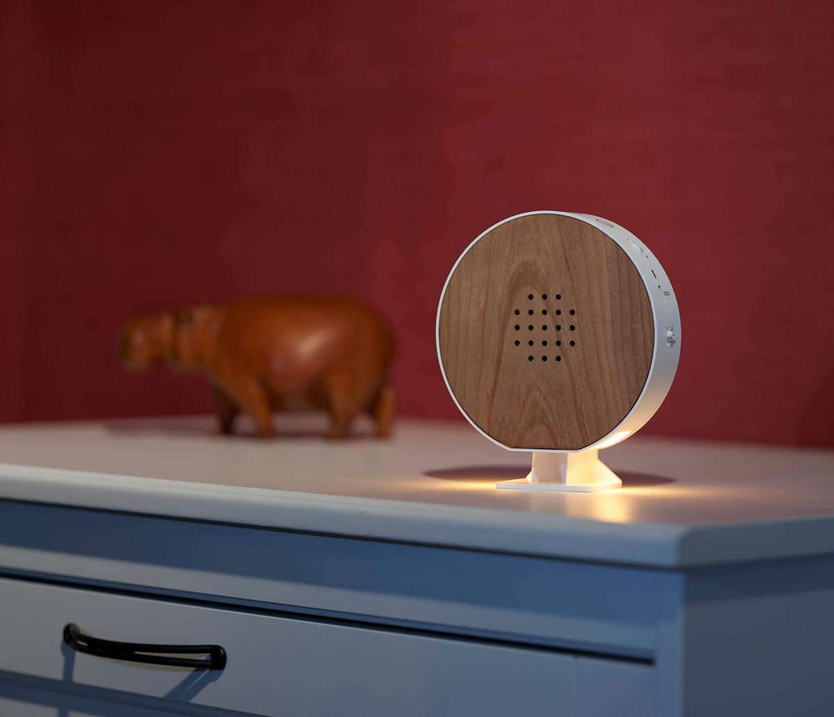 NATURGERÄUSCHEBOX - Echtholz mit Bewegungsmelder und LED-Beleuchtung für entspannende Klänge, Rund Kirschholz - Kirschbaumfarben, Holz (4.1/13/14.5cm) - Northpoint