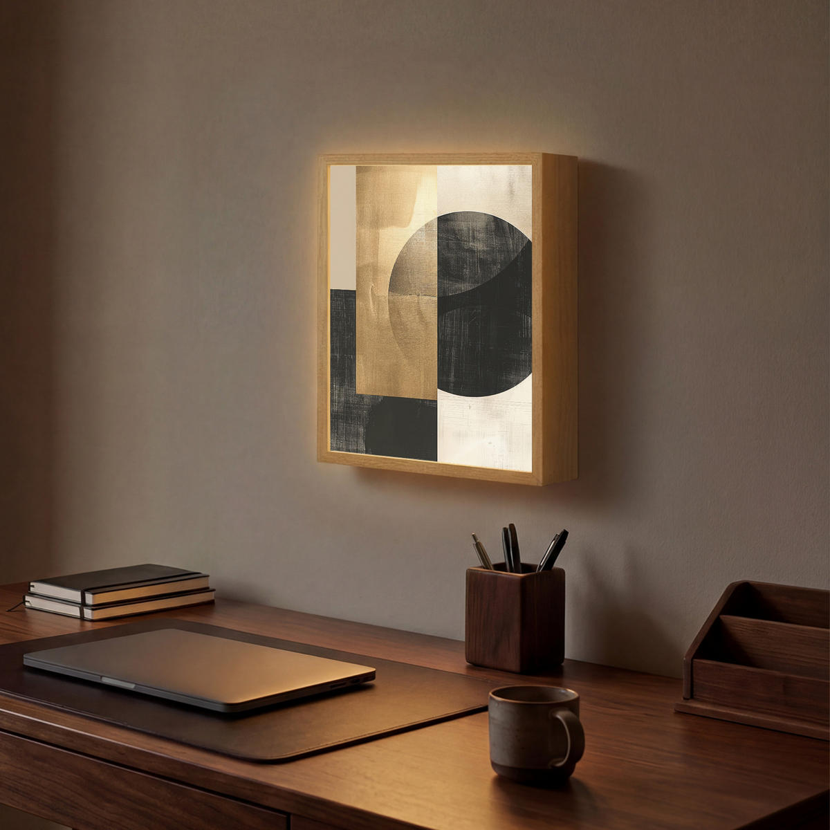 NÁSTĚNNÁ LAMPA S AKUMULÁTOREM Abstraktní - Moderní - Černá - Zlatá 30x40 cm - písková barva, kompozitní dřevo (30/40/8cm) - OnlyWow