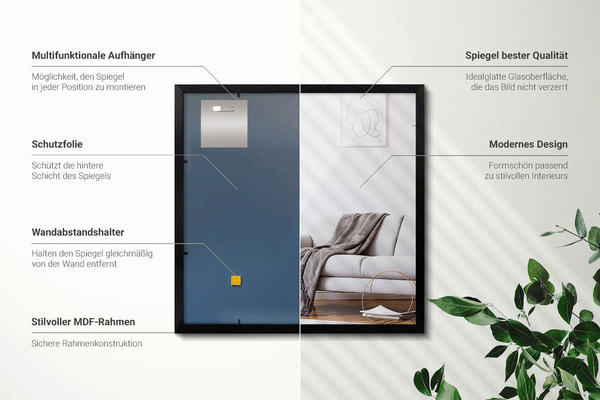 SPIEGEL 50x50cm Schwarzer Rahmen - Transparent, Glas (50/50/0.4cm) - Wallfluent