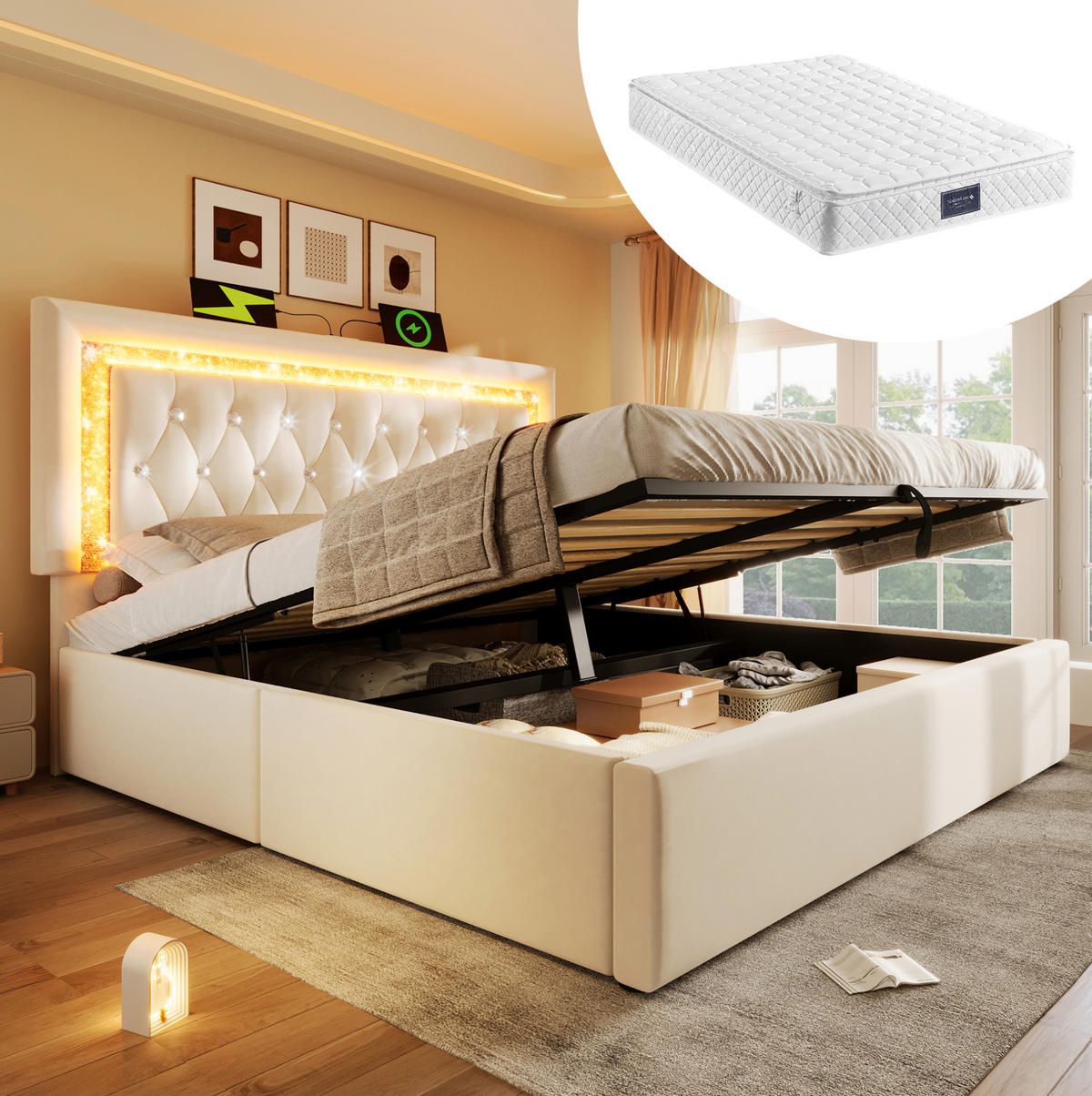 BETT mit LED und Stauraum 140x200 cm Samt Beige inkl. Matratze - Beige, Metall (140/200cm) - Meubliv