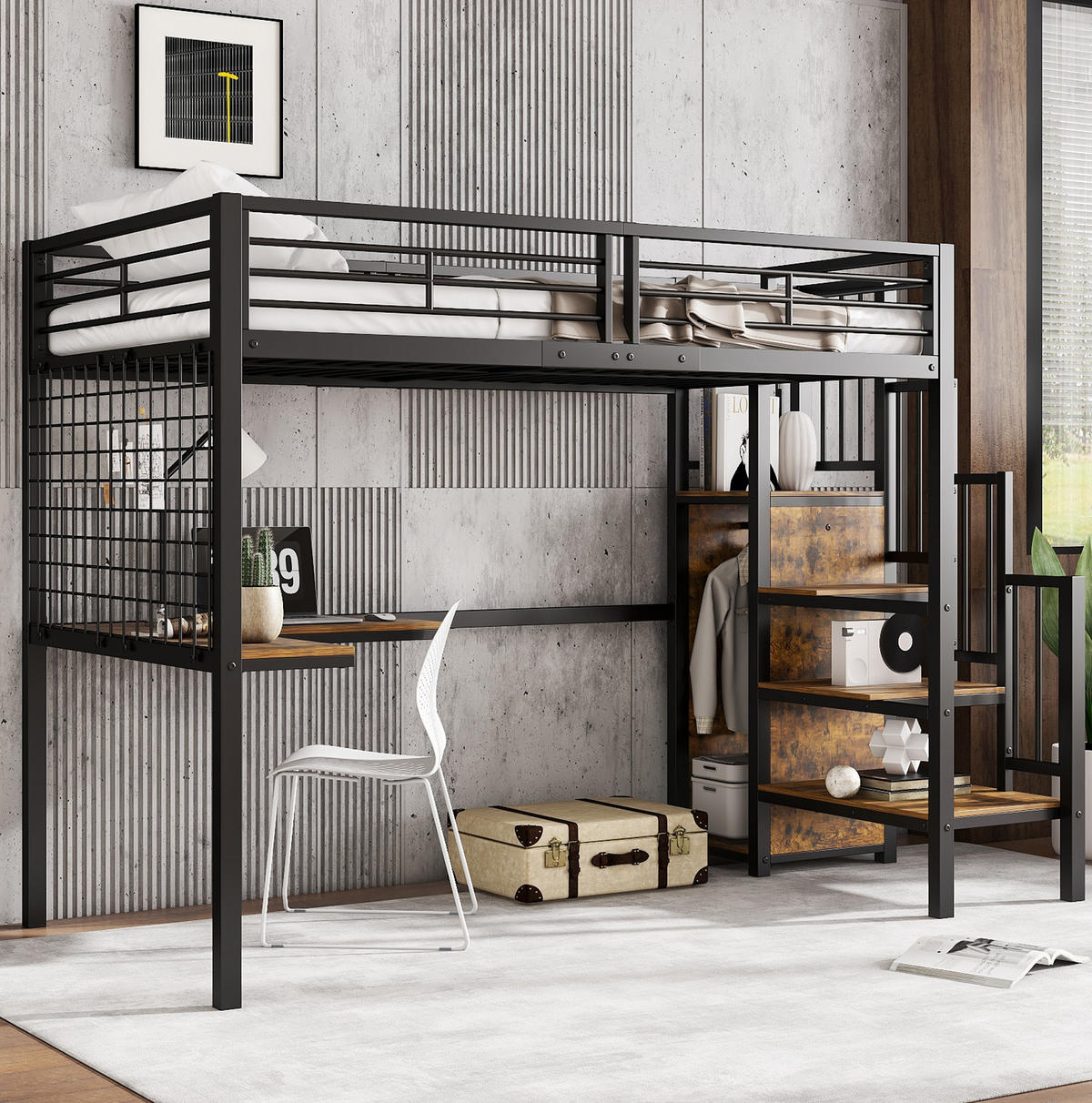 HOCHBETT 90/200 cm aus Metall mit Kleiderschrank und Tisch in Schwarz/Walnuss - Schwarz, Holzwerkstoff (90/200cm) - Flora Grace