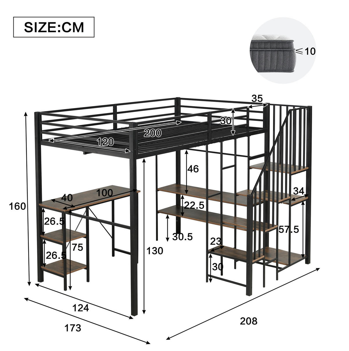 HOCHBETT 120/200 cm aus Metall und MDF mit Schreibtisch und offenem Kleiderschrank Schwarz - Schwarz, Holzwerkstoff (120/200cm) - Modenvie