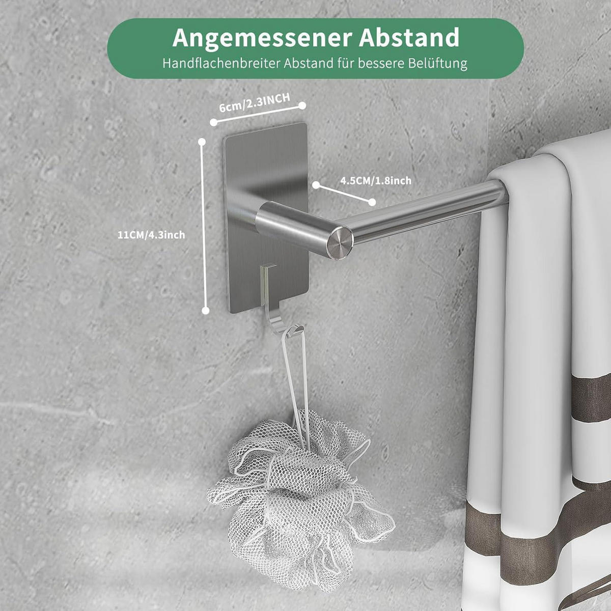 HANDTUCHHALTER ohne Bohren 80 cm Edelstahl Silber mit 2 Haken - Silberfarben, Metall (5/6.4/80cm)