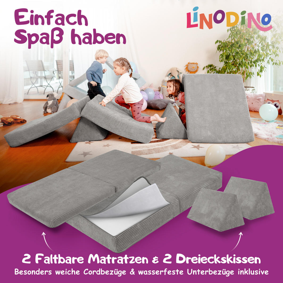 KINDERSOFA Spielparadies - Grau, Textil (66/52/150cm) - Linodino
