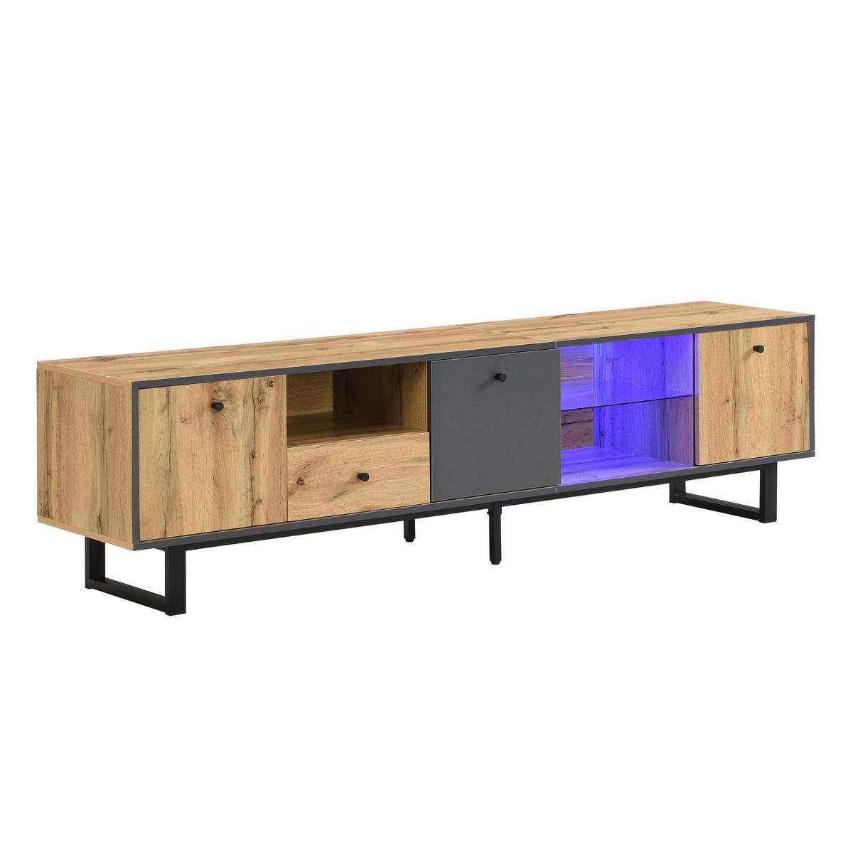 TV-LOWBOARD aus Spanplatte 190x40x50 cm Holzfarben/Anthrazit mit LED-Beleuchtung, Glasböden und gedämpften Scharnieren - Naturfarben, Holzwerkstoff (190/50/40cm) - Modfu