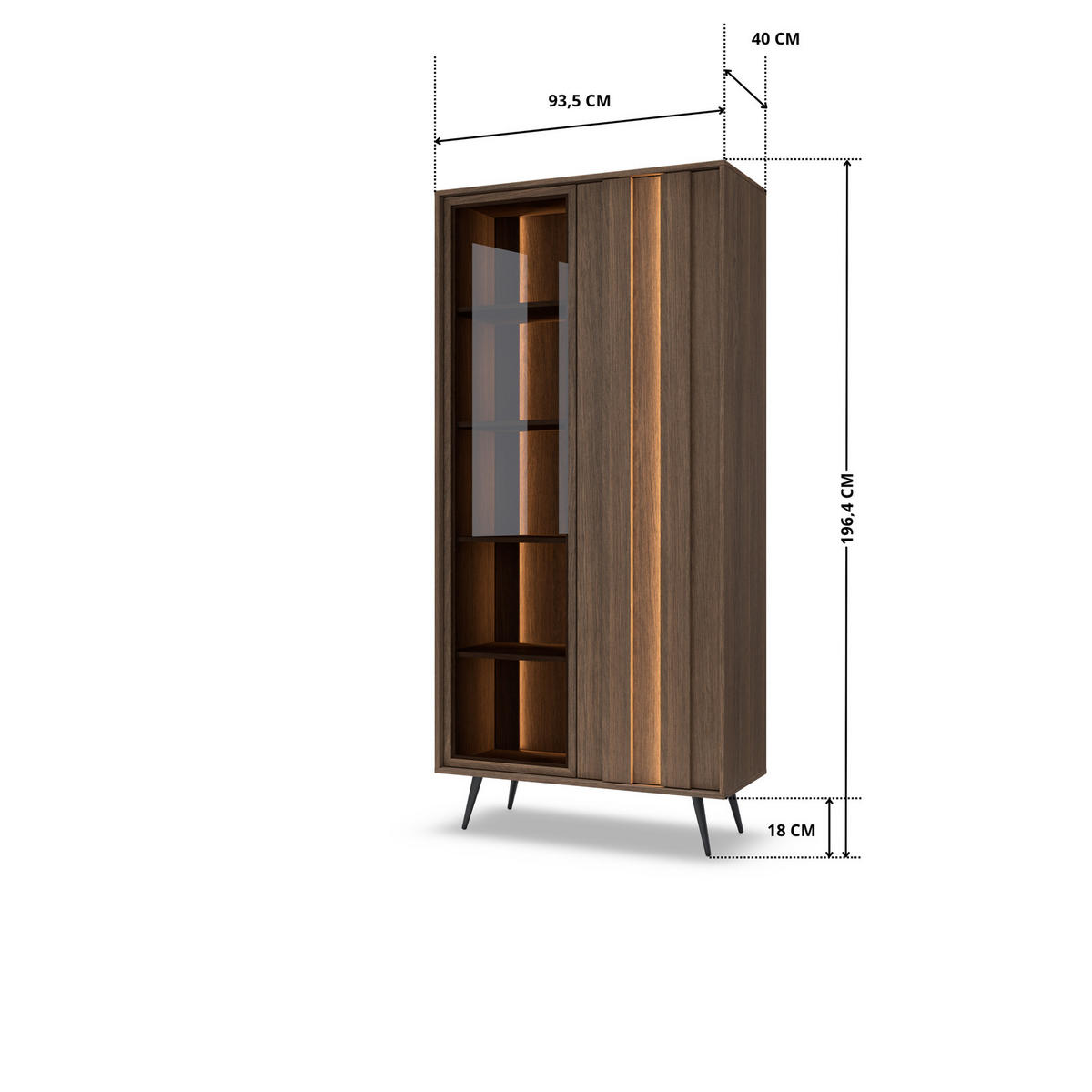 STANDVITRINE LUPO 93 cm Eiche Dunin - mit Doppel-LED, Soft-Close und Metallfüßen - Eichefarben/Schwarz, Holz/Holzwerkstoff (93/196/40cm) - Ravio