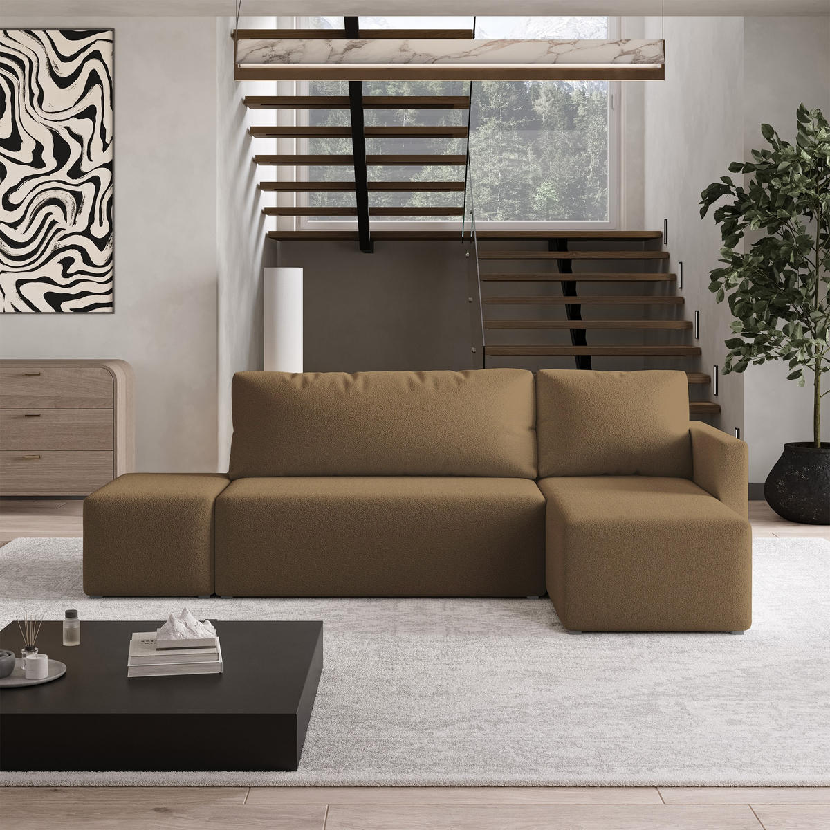 ECKSOFA VELOTTI R-S Orange Boucle-Stoff mit Schlaffunktion - Orange, Holz (261/143cm) - MASSENO