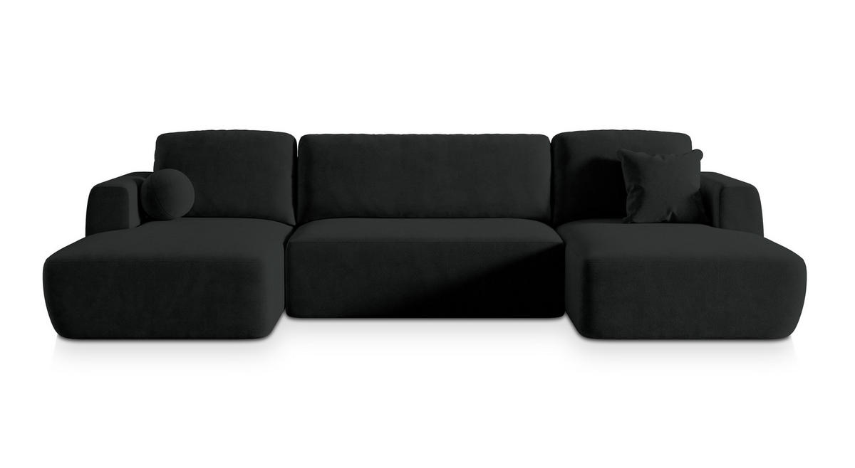 WOHNLANDSCHAFT SENTUM K Schwarz Plüsch-Stoff mit Schlaffunktion - Schwarz, Holz (330/90/148cm) - MASSENO