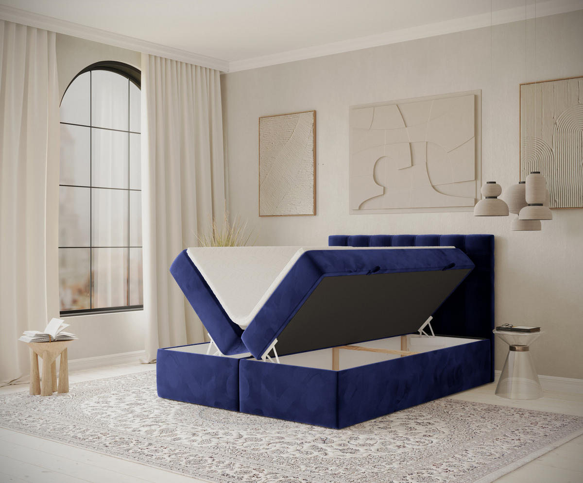 BOXBETT Sansa Marineblau 140/200 cm mit Taschenmatratze und Topper - Schwarz/Dunkelblau, Holz/Holzwerkstoff (140/200cm) - Maison de Reve