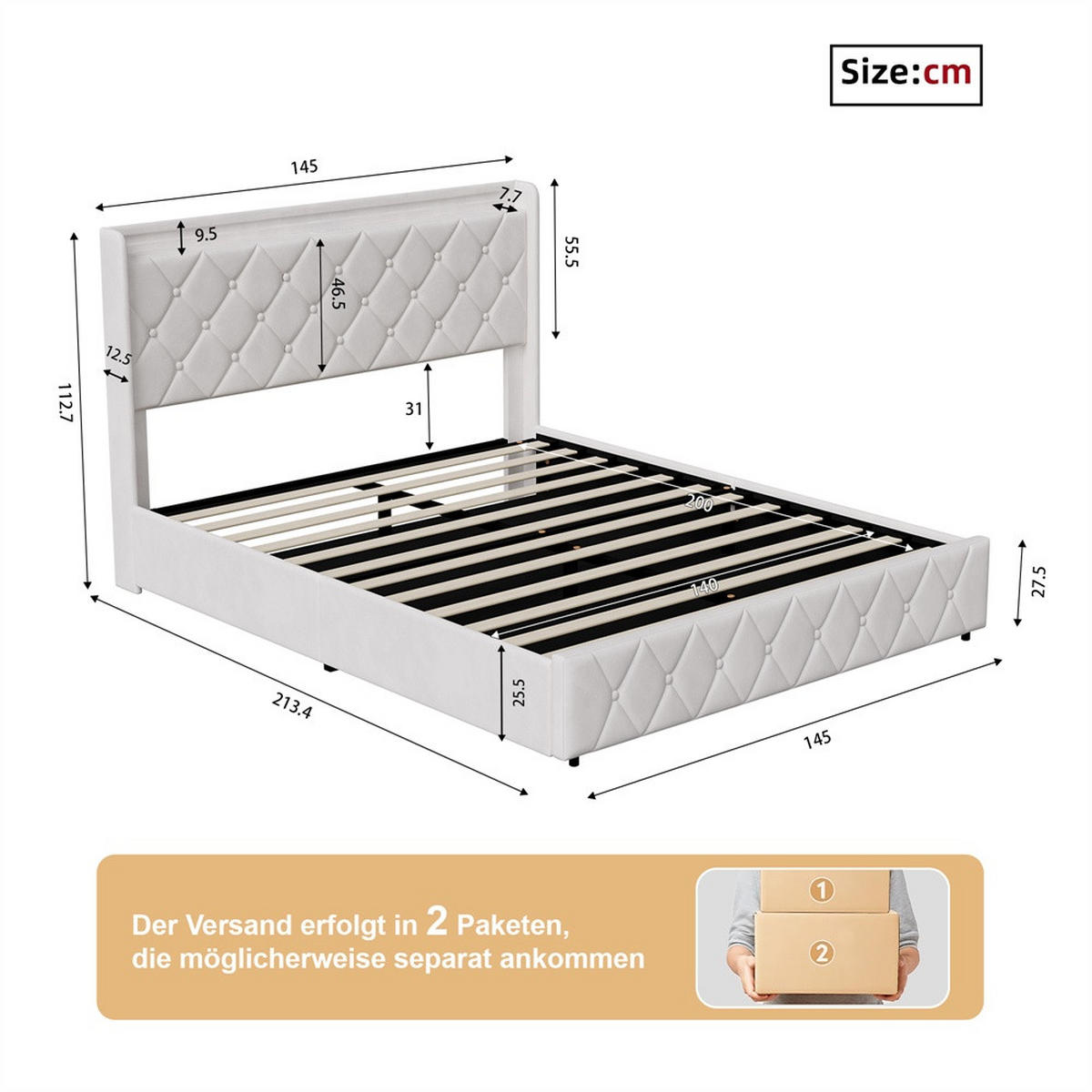 POLSTERBETT 140x200 cm mit hydraulischem Stauraum - Kopfteil Regal & LED - USB - ohne Matratze - Beige - Beige, Textil (140/200cm) - DELFA