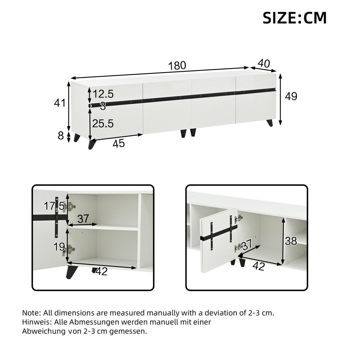 TV-ELEMENT mit 4 Schränken 180 x 40 x 49 cm MDF Weiß - Weiß, Holzwerkstoff (40/49/180cm) - Beauniv