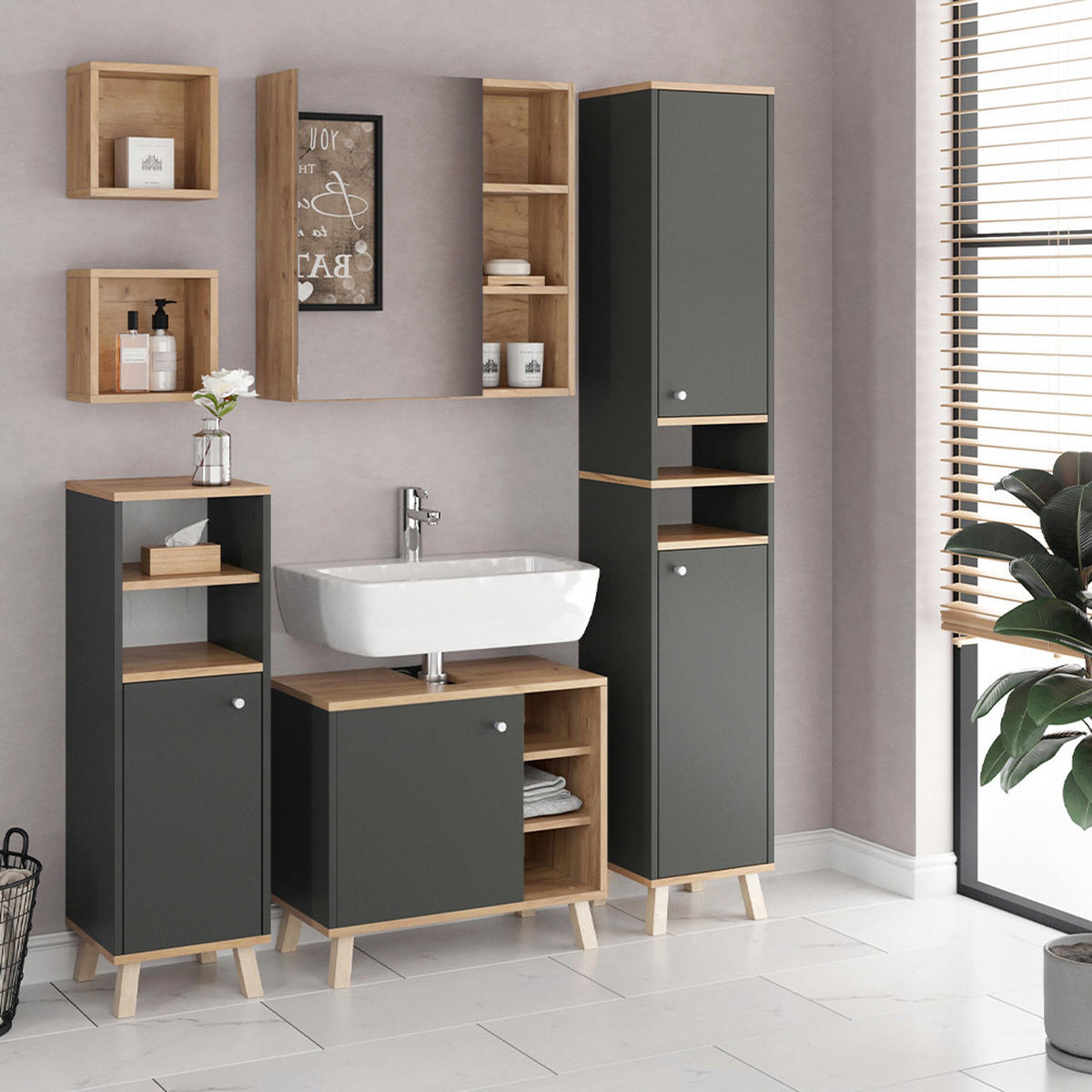 BADSPIEGELSCHRANK Senyo Anthrazit 62 x 64 cm - Anthrazit/Eiche Wotan, Holzwerkstoff (62/64/21cm) - Vicco