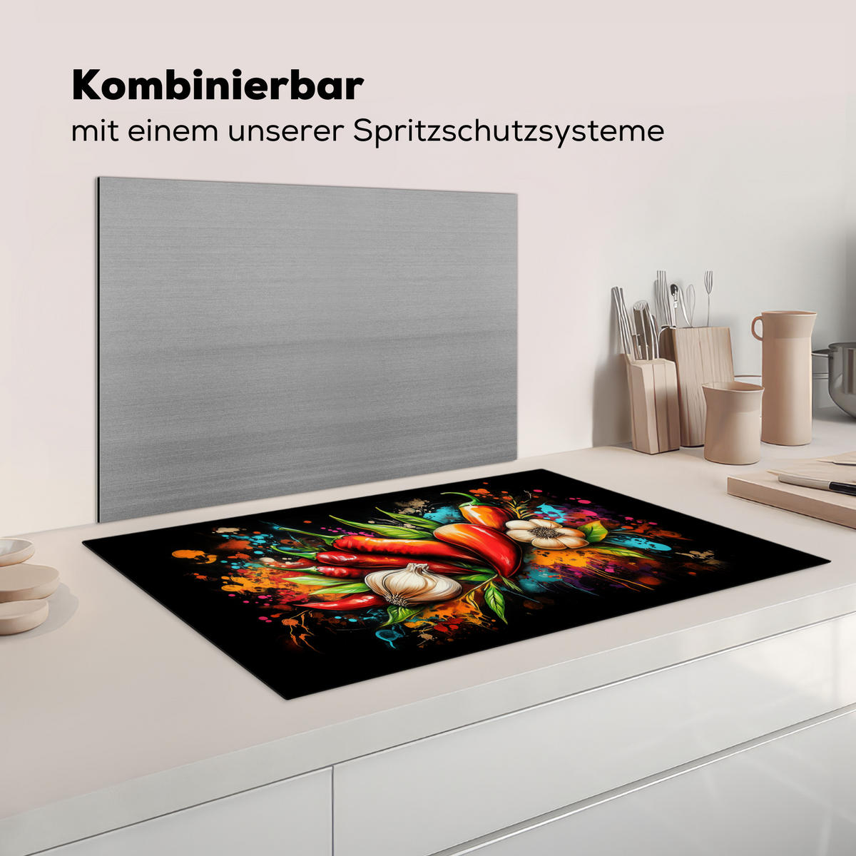 HERDABDECKPLATTE Gemüse - Paprika - Knoblauch - Graffiti - Farbe - Bunt Induktionsmatte 83x51 cm - Rot, Kunststoff (83/51.5/0.2cm) - MuchoWow