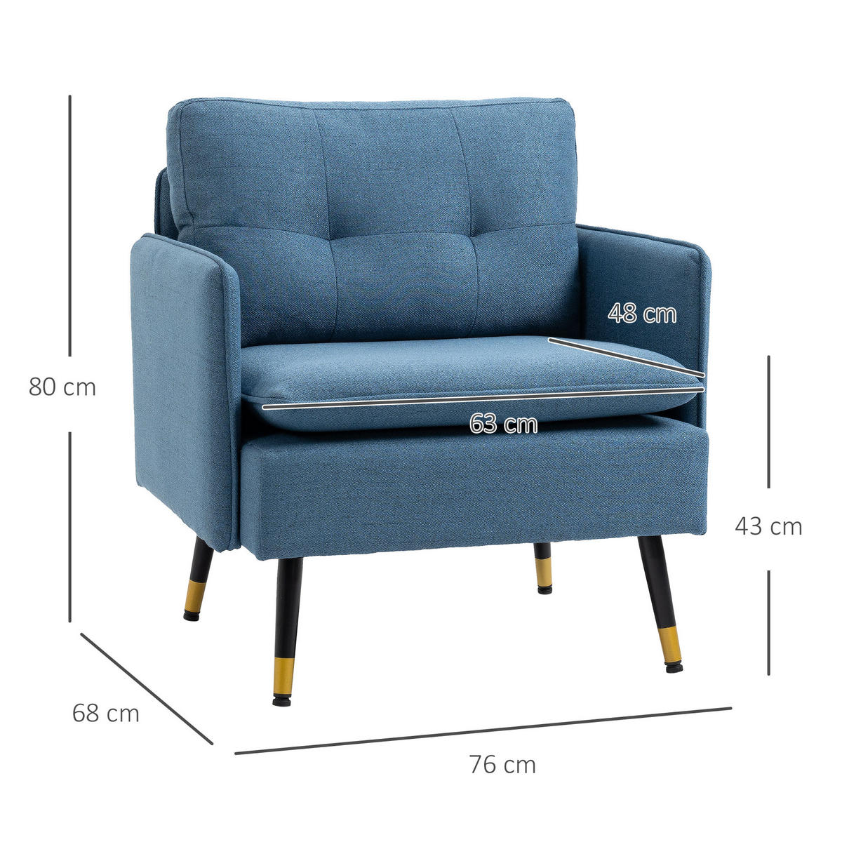EINZELSESSEL Polstersessel Akzentstuhl mit Leinenoptik, Kissen, bis 120 kg Blau - Blau/Schwarz, Textil/Metall (68/80/76cm) - HOMCOM
