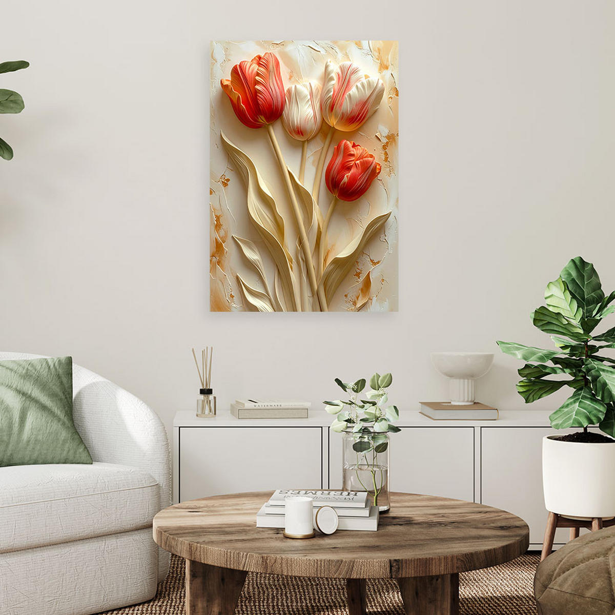 WANDBILD, Rote und cremefarbene Tulpen in einer dekorativen 3D-Komposition - Beige, Textil (70/100cm) - Feeby
