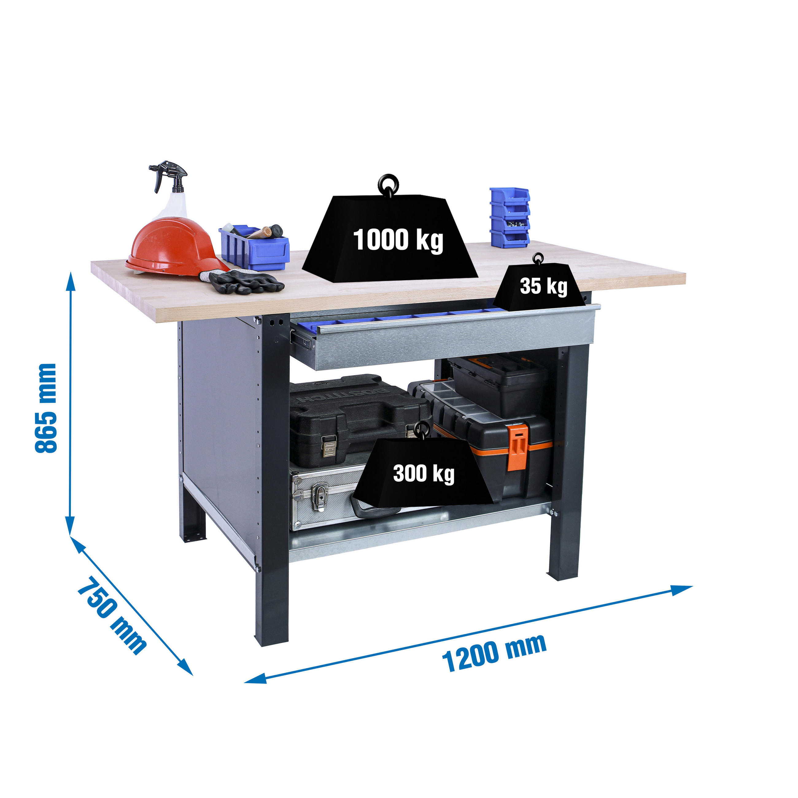 WERKBANK Buffalo Wood mit 1x Schublade HxBxT 86,5 x 120 x 75 cm Traglast 1000 kg Anthrazit - Anthrazit, Metall (120/86.5/75cm) - PROREGAL