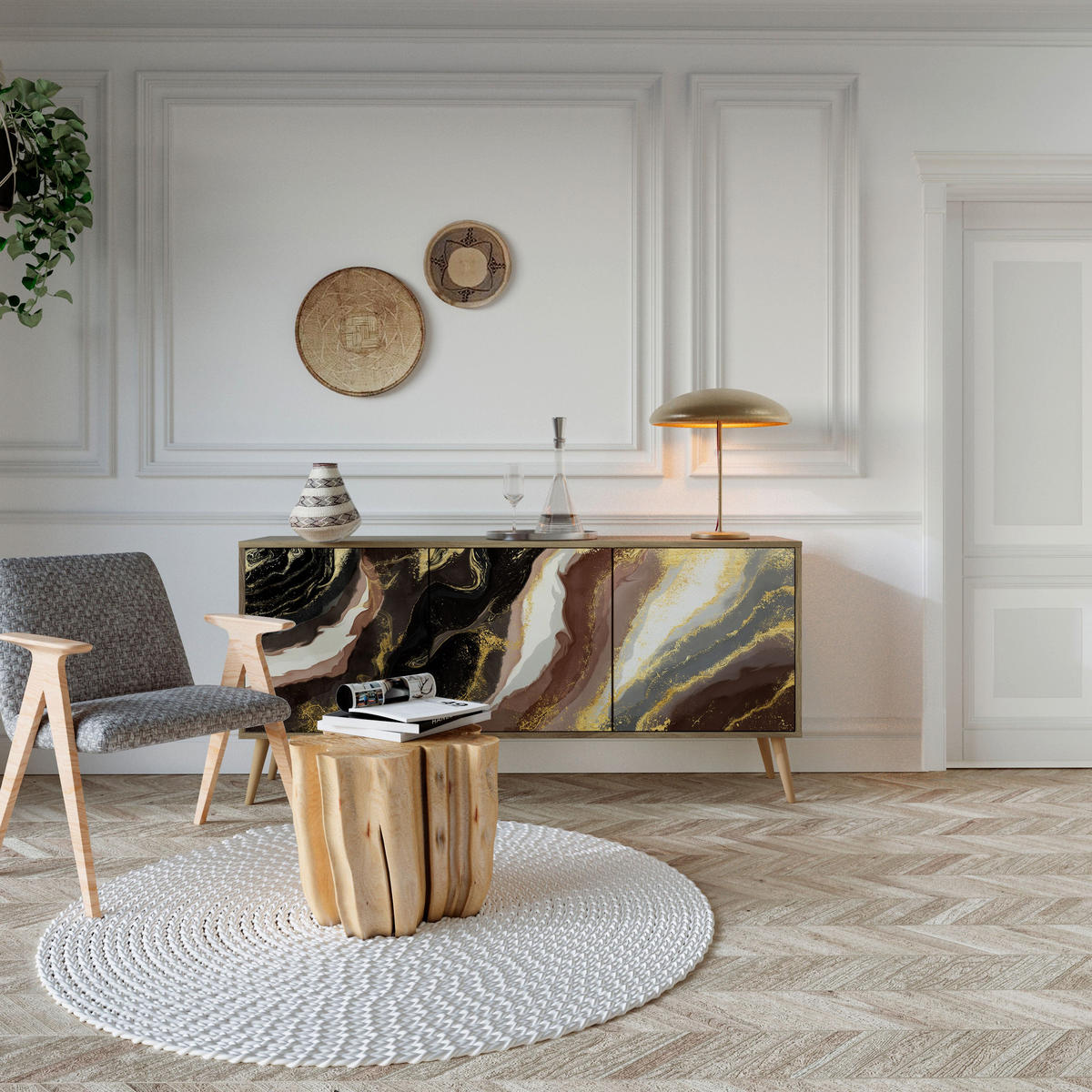 SIDEBOARD GOLD DUST, Eicheneffekt, 164,5x42x77,5 cm, 3 Türen - Eichefarben/Buchefarben, Holzwerkstoff/Buchenholz (164.5/77.5/42cm) - SpaceRebels