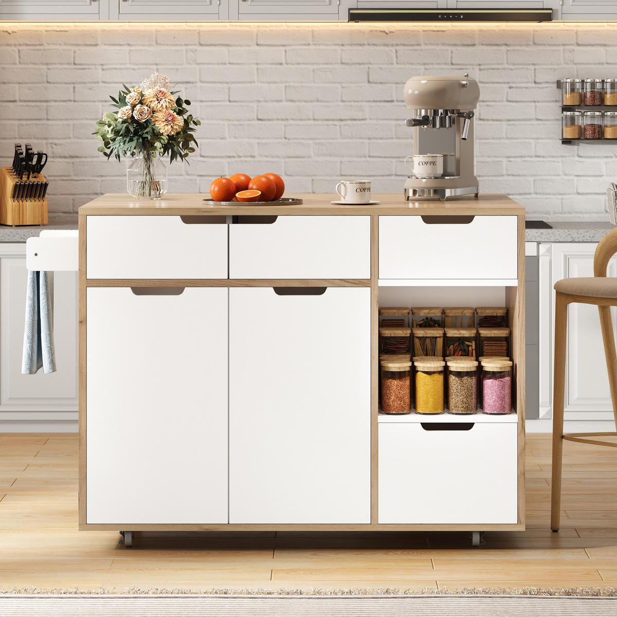 KÜCHENINSEL in Weiß Servierwagen mit Schubladen und 360°-Lenkrollen für Küche und Wohnzimmer, B120/T46/H85 cm - Weiß, Holzwerkstoff/Metall (120/85/46cm) - STILVORA
