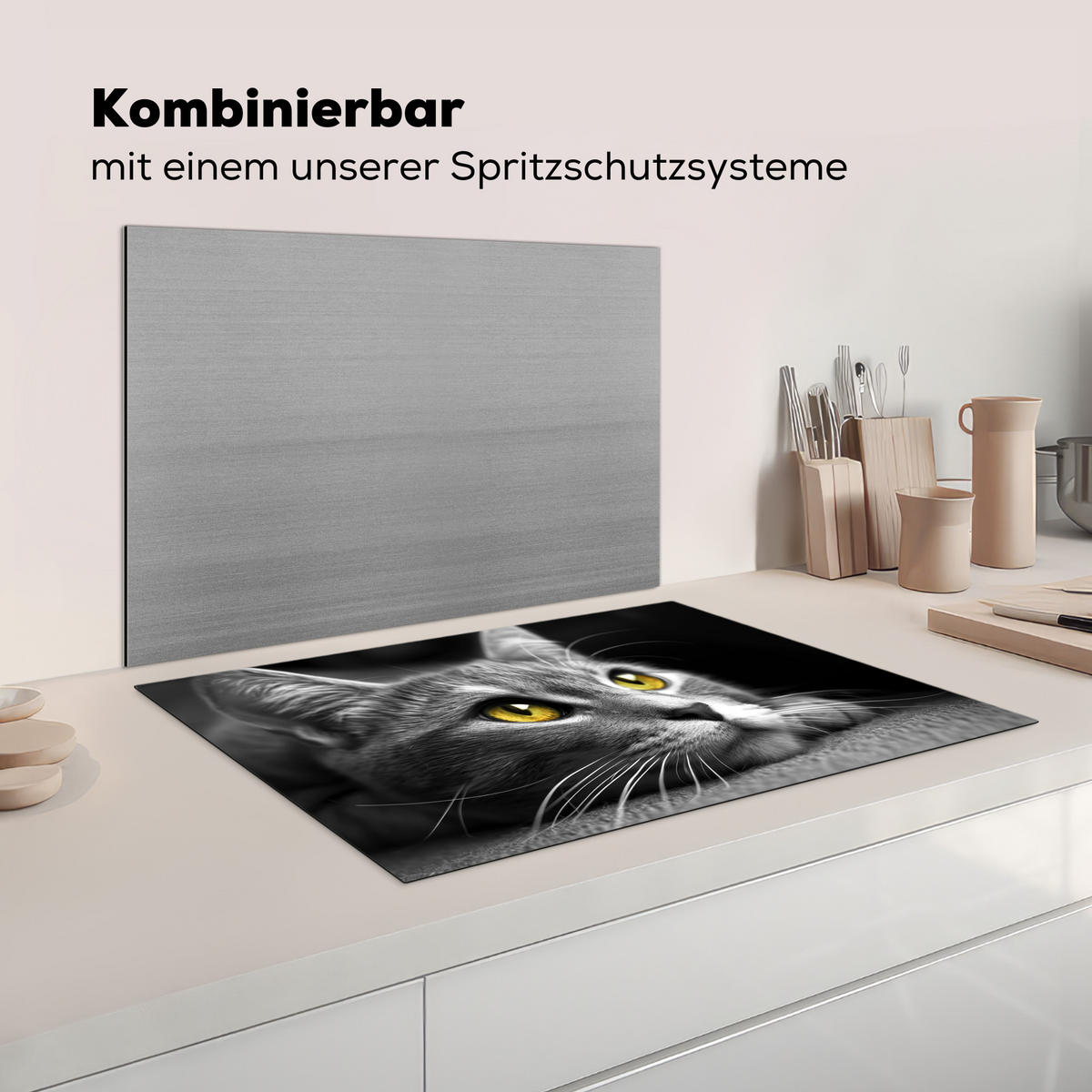 HERDABDECKPLATTE Katze - Grau - Tiere - Katze Induktionsmatte 77x51 cm - Grau, Kunststoff (77/51/0.2cm) - MuchoWow