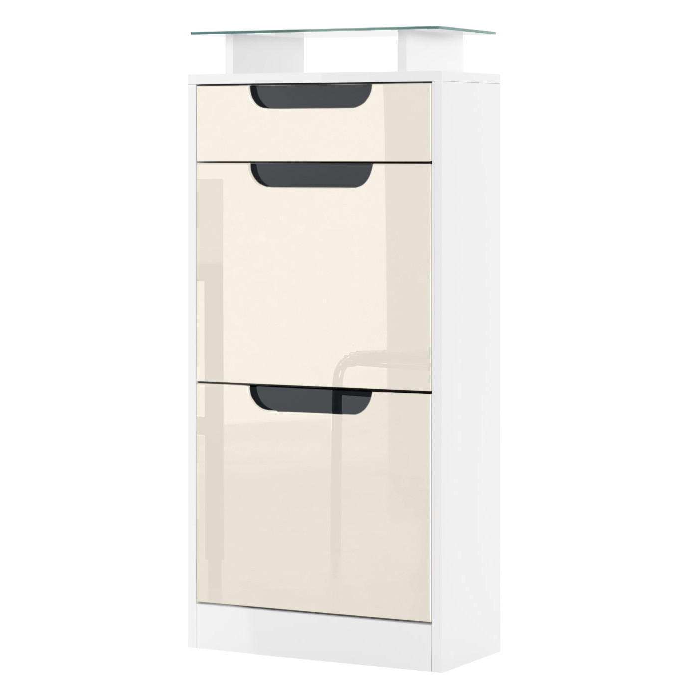 SCHUHSCHRANK Fiesta Creme Hochglanz / Schwarz Hochglanz - Creme, Holzwerkstoff (46/104/23cm) - Vladon