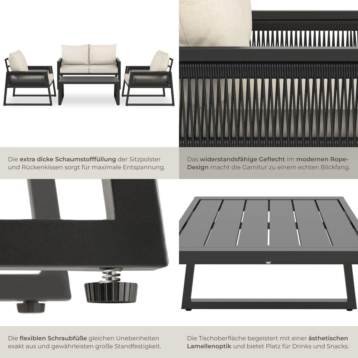 ALUMINIUM GARTEN-LOUNGE SET Captive, höhenverstellbare Füße, anthrazit - Anthrazit, Kunststoff/Metall - tectake