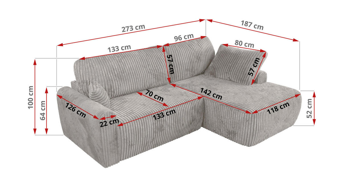 ECKSCHLAFSOFA CUBO L Grau Cord - rechts - Schwarz/Grau, Kunststoff/Textil (187/273cm) - MKS