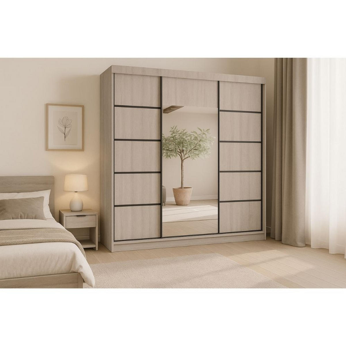 SCHWEBETÜRENSCHRANK Moni mit Spiegel und Zierleisten, 215x200x61cm, eiche Sonoma+Schwarz - Schwarz/Sonoma Eiche, Holzwerkstoff (200/215/61cm) - AN-Moebel 4u