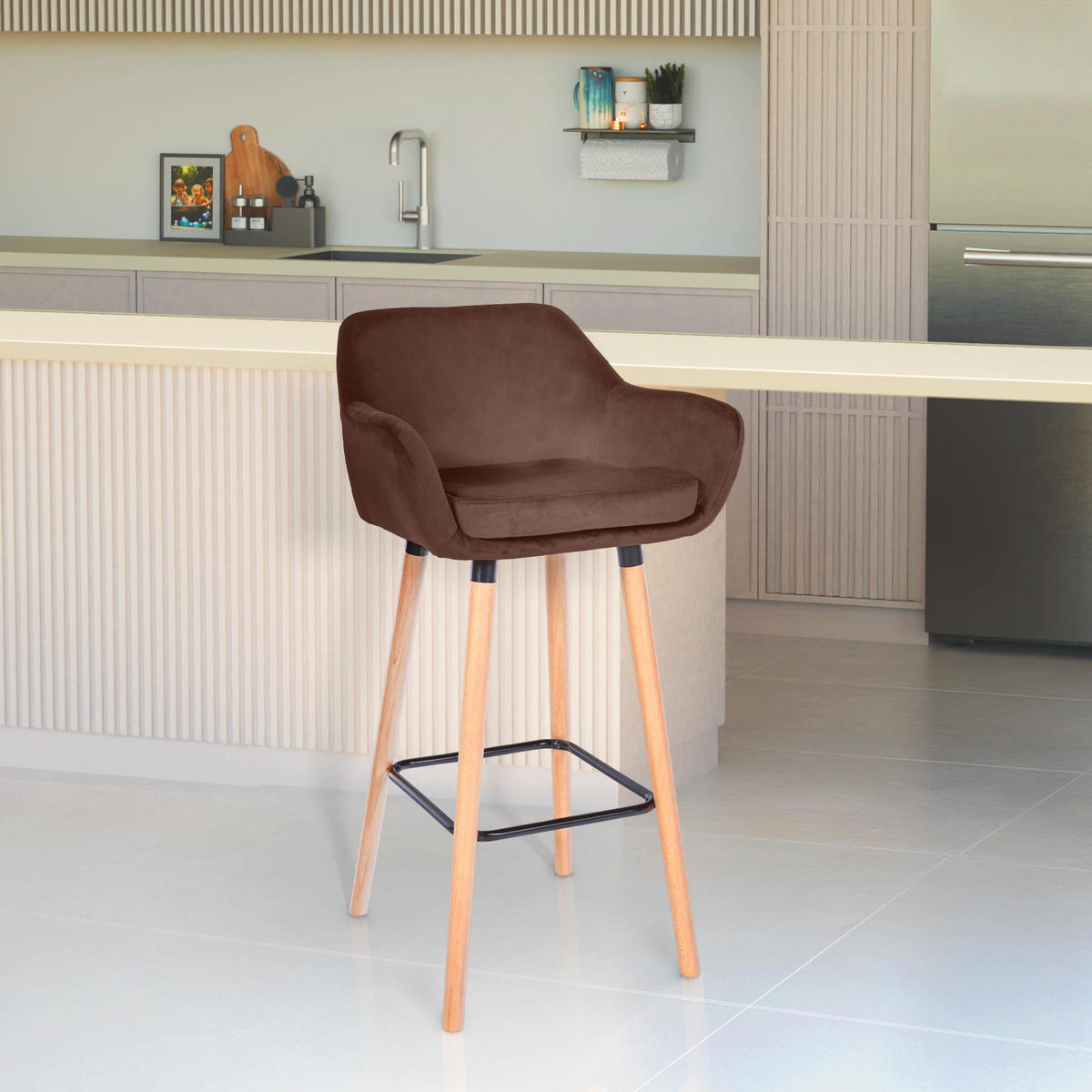 BARHOCKER Samt coffee - Hellbraun/Eukalyptusholzfarben, Holz/Textil (51/101/50cm) - CLP